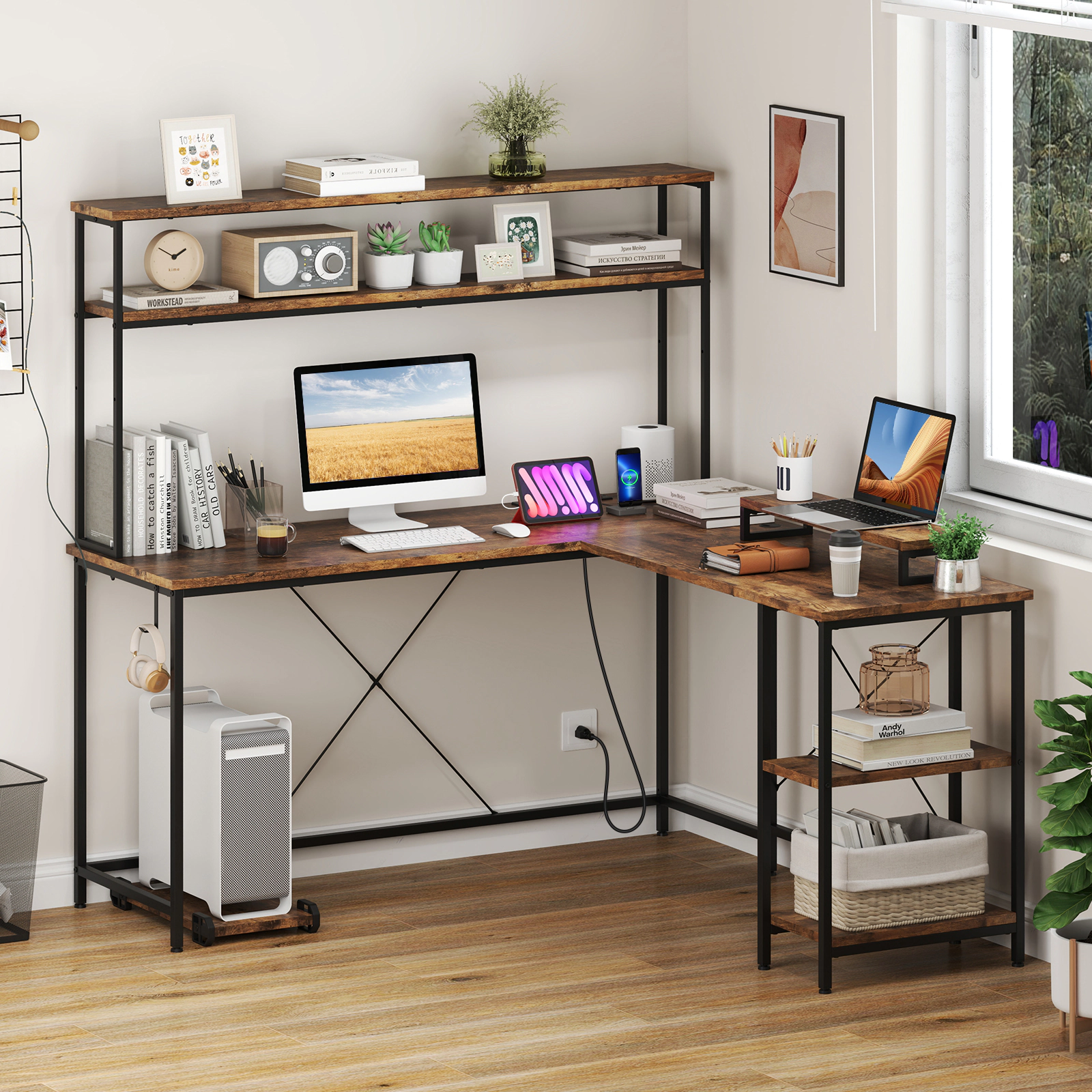 SUGIFT Reversible Rustic Brown L-Shaped Gaming Desk with RGB LEDs, Hutch and Charging Station