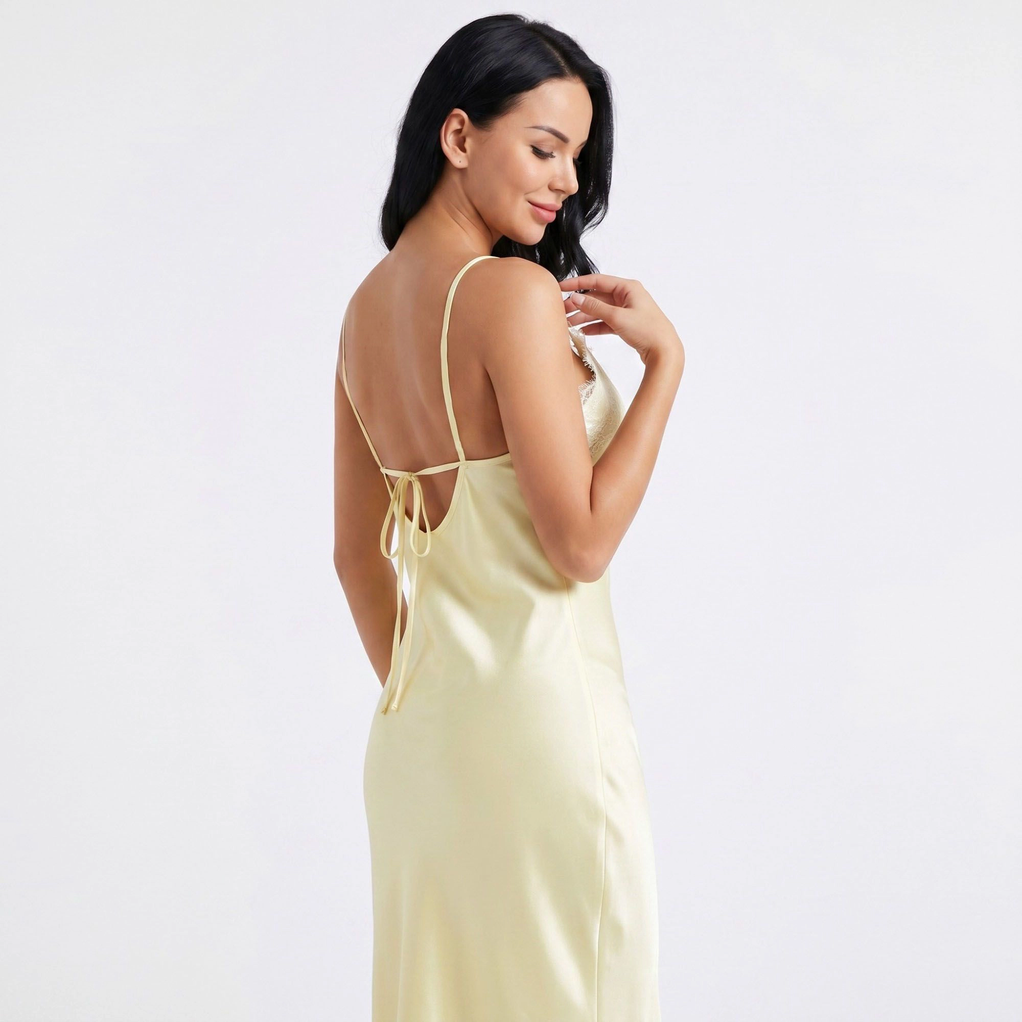 Anna-Kaci Women's Satin Lace Trim Tie Back Maxi Slip Dress