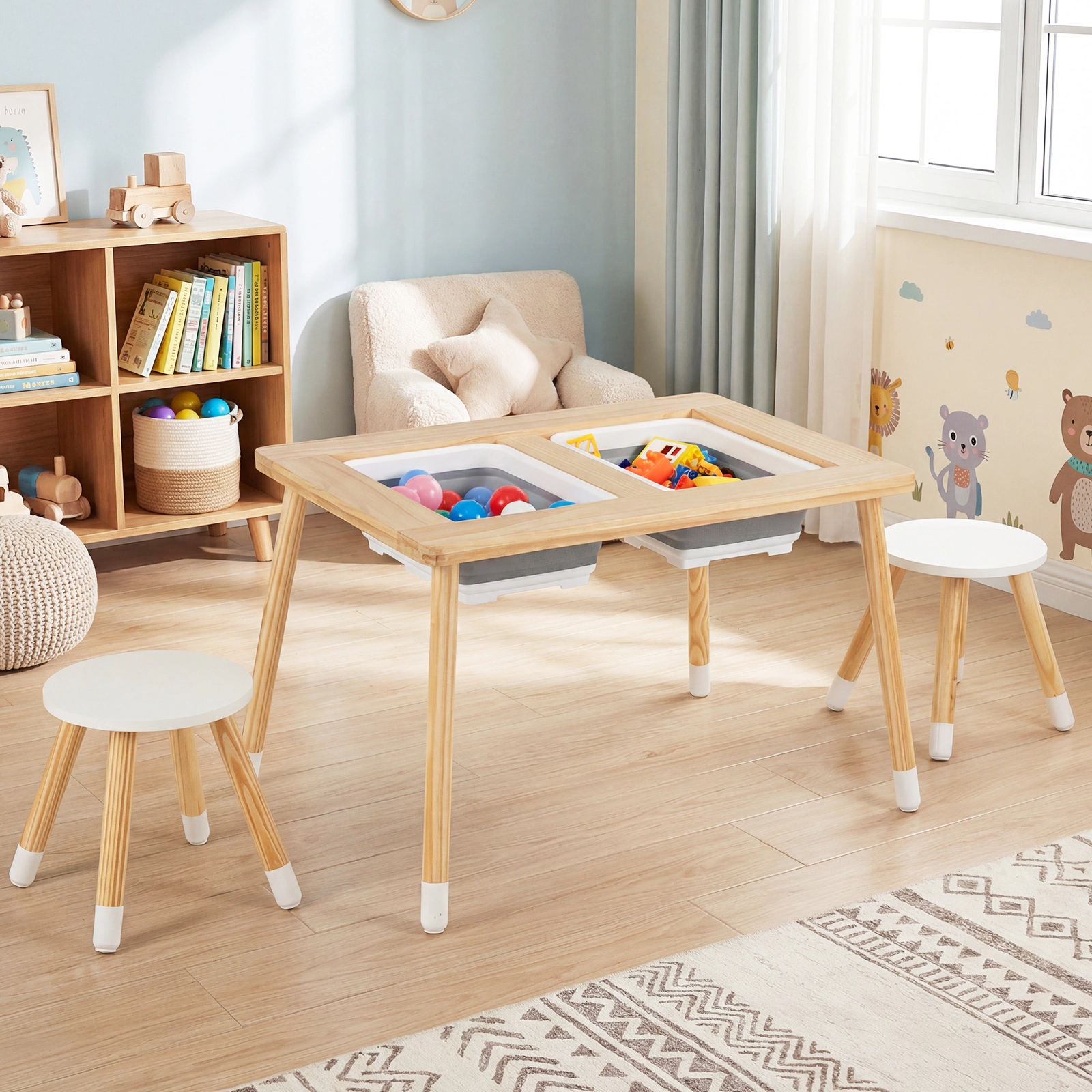 SUGIFT Natural Pine Kids Activity Table Set with Reversible Chalkboard and Whiteboard Top, 2 Stools