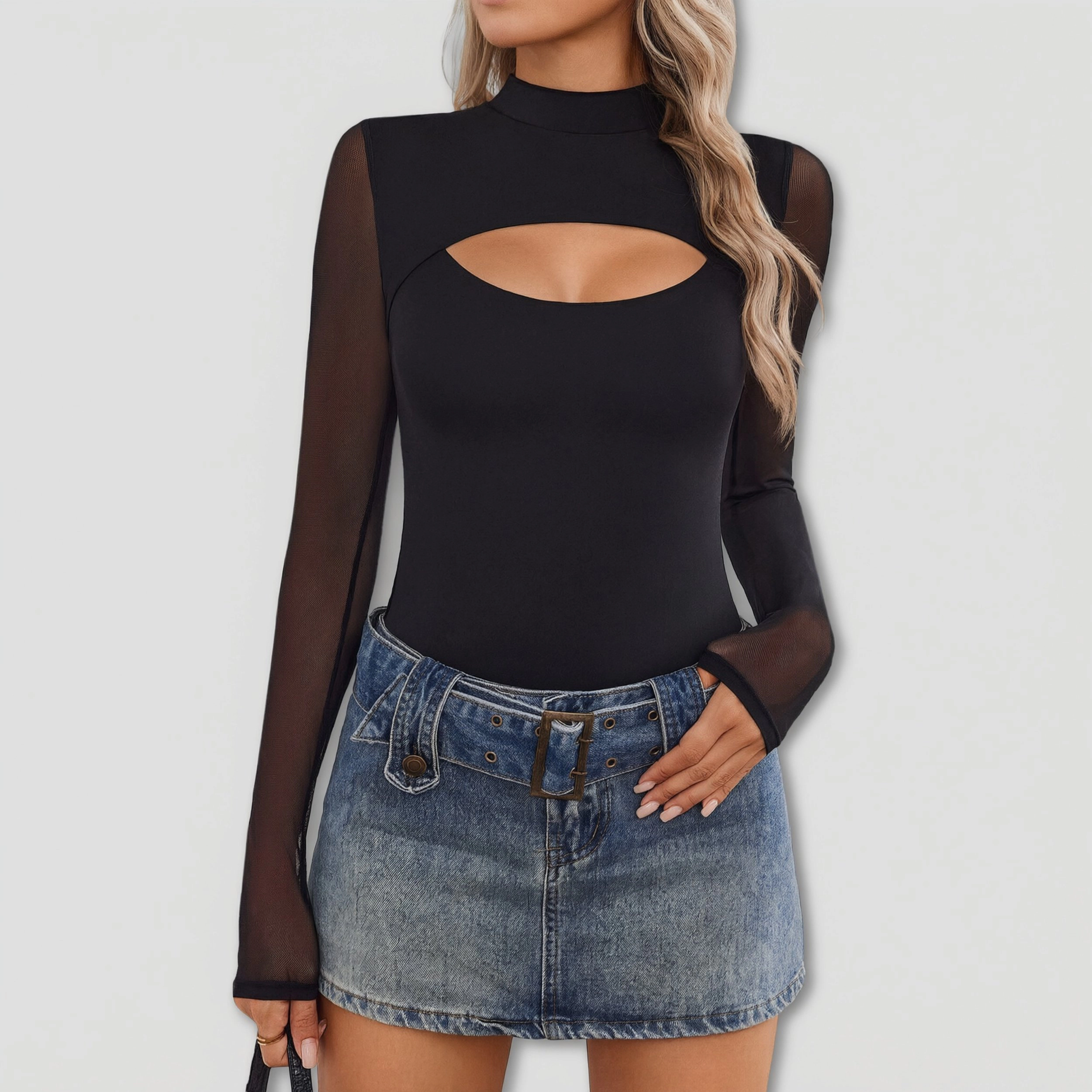 Avidlove Women's Long Sleeve Turtle Neck Mesh Double Lined Cutout Thong Bodysuit