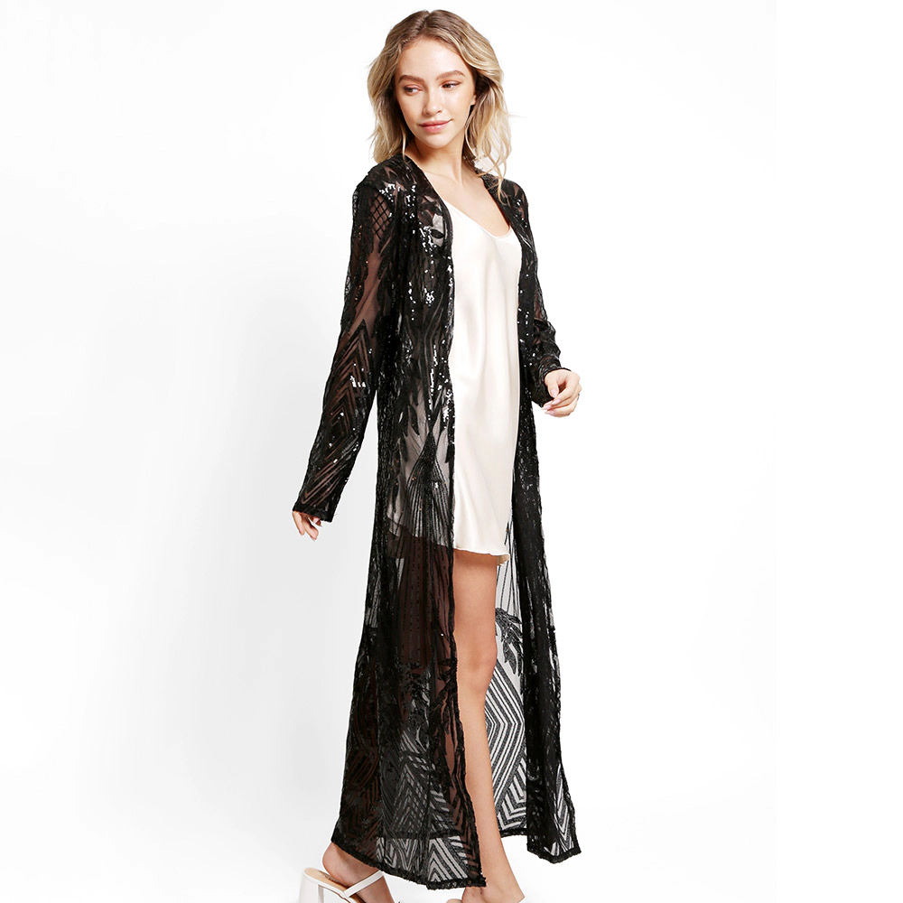 Truedames Women Leaves Pattern Sequin Long Cover-Up Kimono Poncho