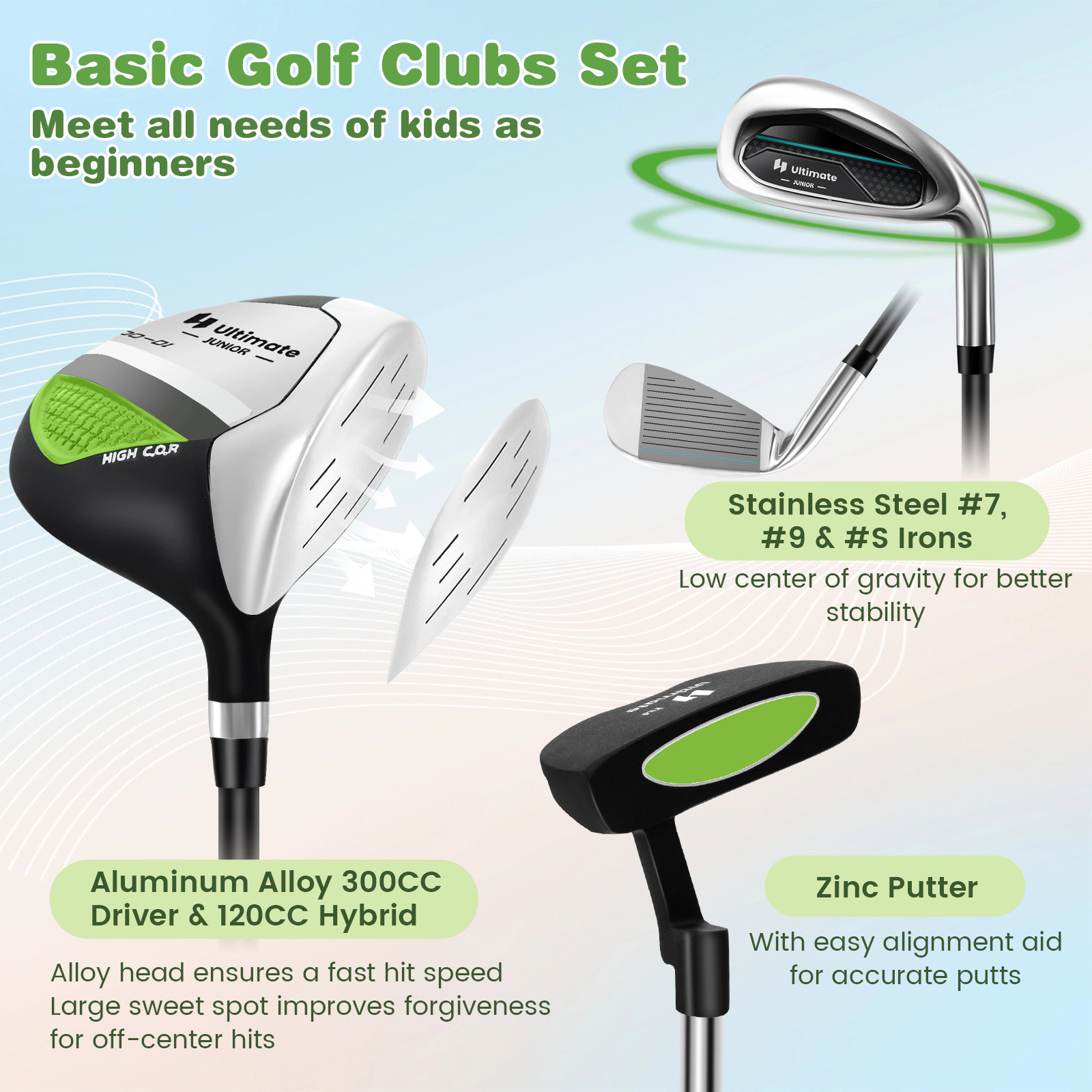 SUGIFT Junior Complete Golf Club Set with Stand Golf Bag and Rain Hood for Kids Ages 11-13 Sports Bag Green