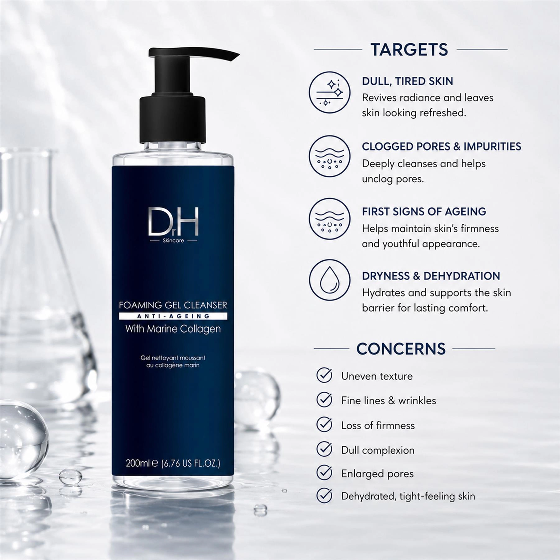 Dr H Foaming Gel Cleanser with Marine Collagen for Acne, Pores & Brightening 6.8 oz