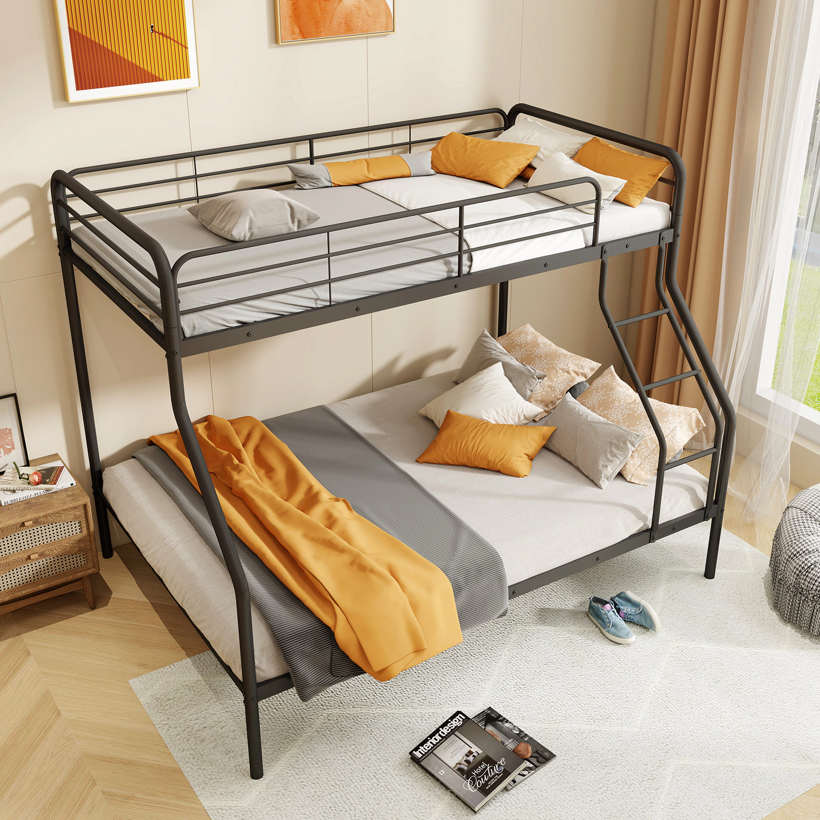 Twin Over Full Bunk Bed Metal Bunk Beds with Full Length Guardrails Integrated Ladder Black