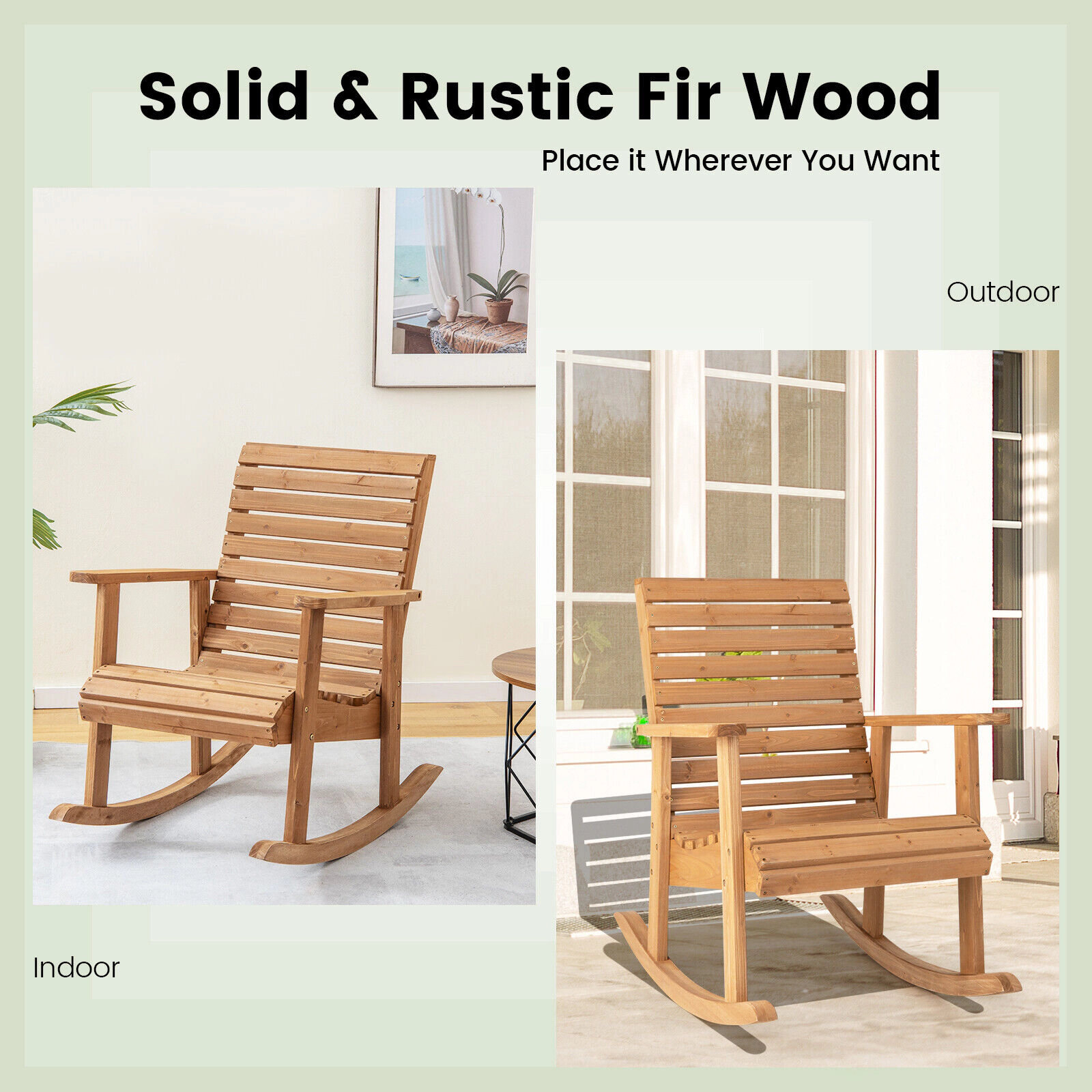 SUGIFT Solid Fir Wood Outdoor Rocking Chair, 330 lb Capacity, High Backrest and Wide Armrests