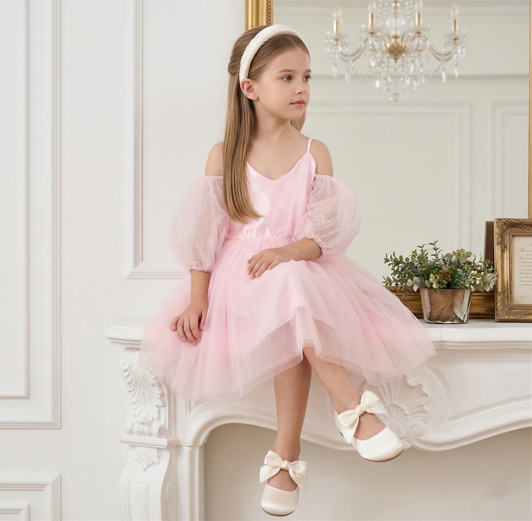 2Bunnies Girls' 3T-8Y Sheer Puff Sleeve Off-Shoulder Tulle Party Flower Girl Dress