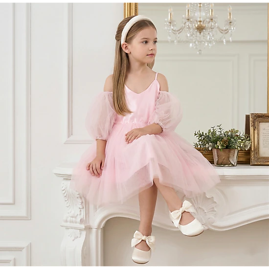2Bunnies Girls' 3T-8Y Sheer Puff Sleeve Off-Shoulder Tulle Party Flower Girl Dress