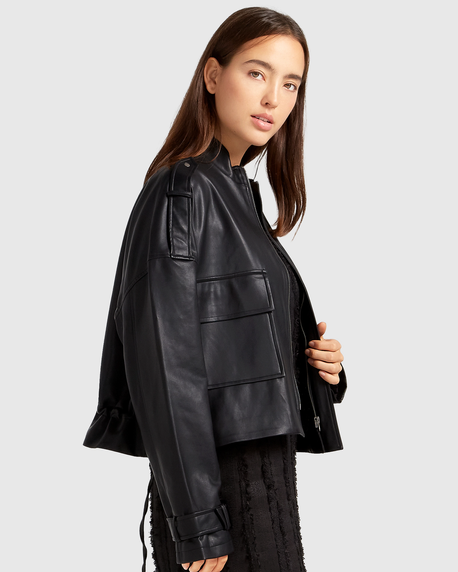 Belle & Bloom Womens Reload Draped Leather Look Jacket