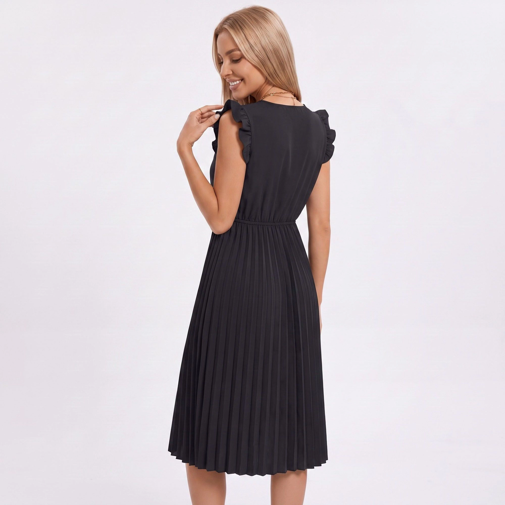 Anna-Kaci Women's Ruffled Lace Trim Pleated Midi Dress