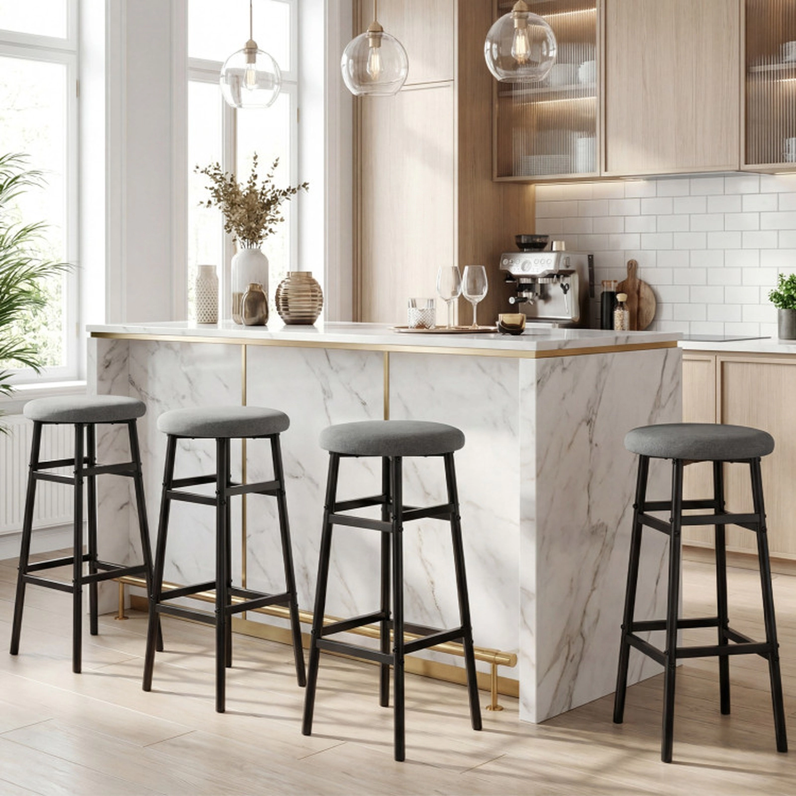 SUGIFT Set of 2 360 Swivel 6-Grid Back Counter Height Bar Stools 18-in x 16-in x 38-in 275-lb Capacity Cream White