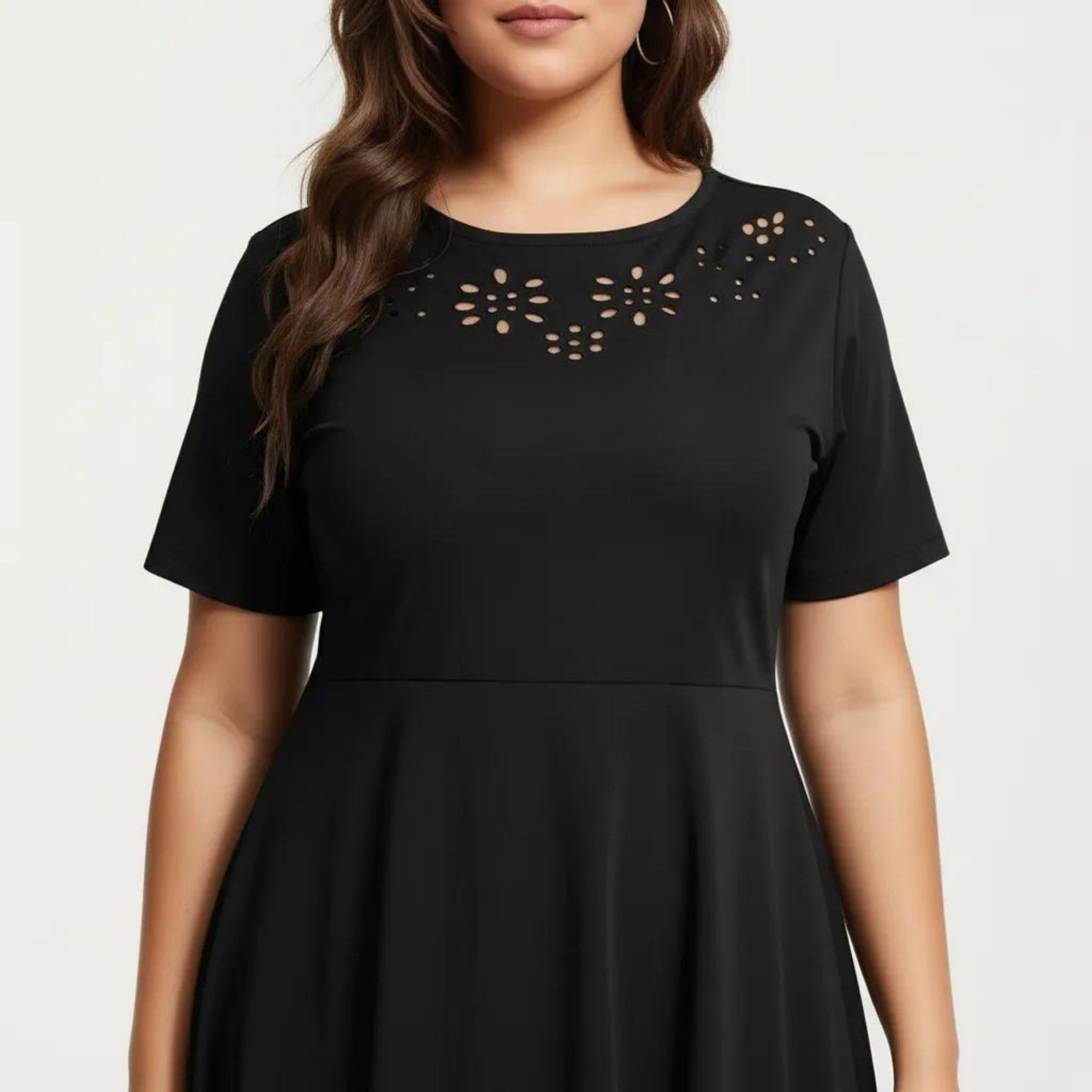 Anna-Kaci Women's Short Sleeve Laser Cut Detail Round Neck A Line Fit Flare Casual Midi Dress