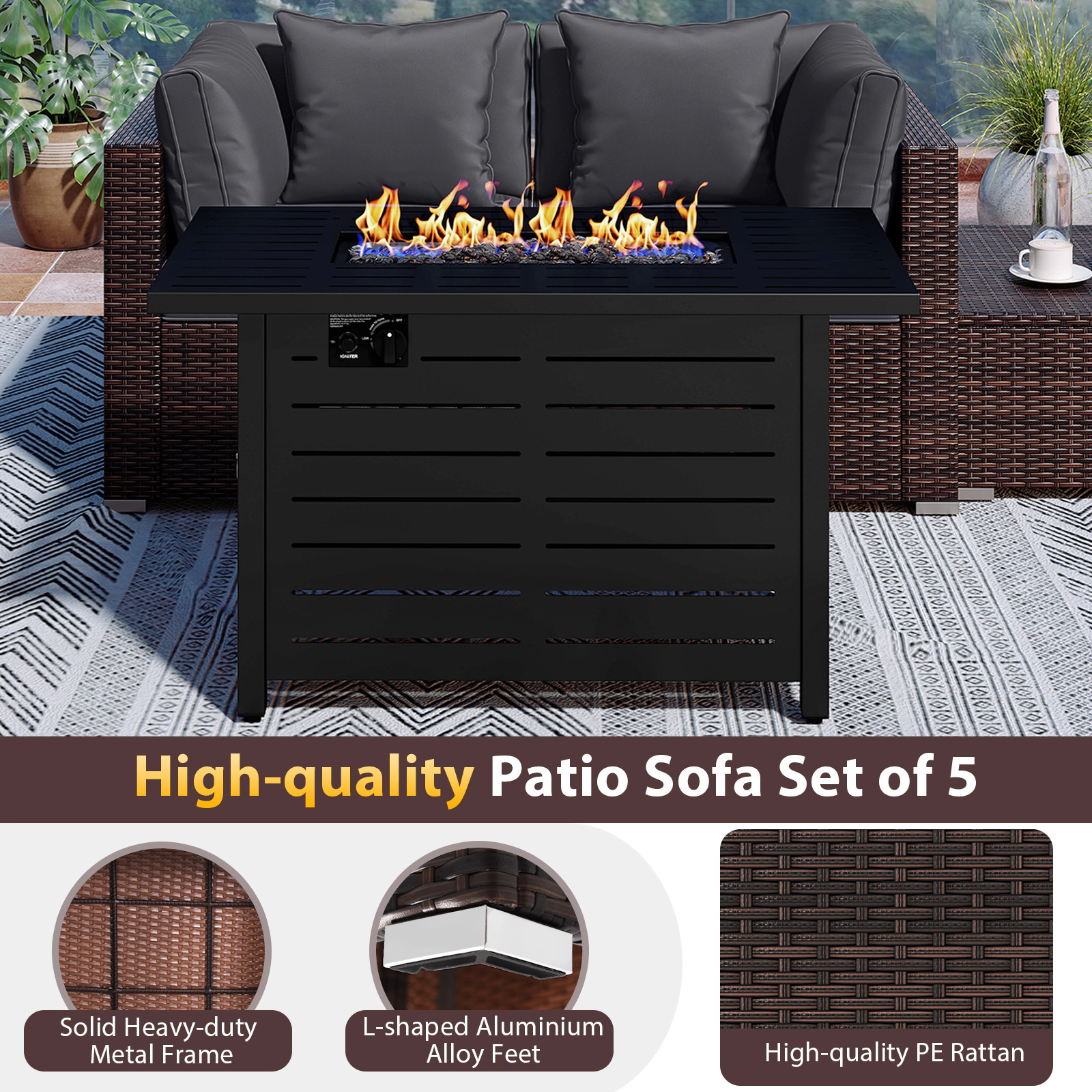 SUGIFT Heavy-duty Frame Rattan Conversation Sofa Set with 60000 BTU Firepit Table 400-lb Capacity Mix Brown Rattan Gray