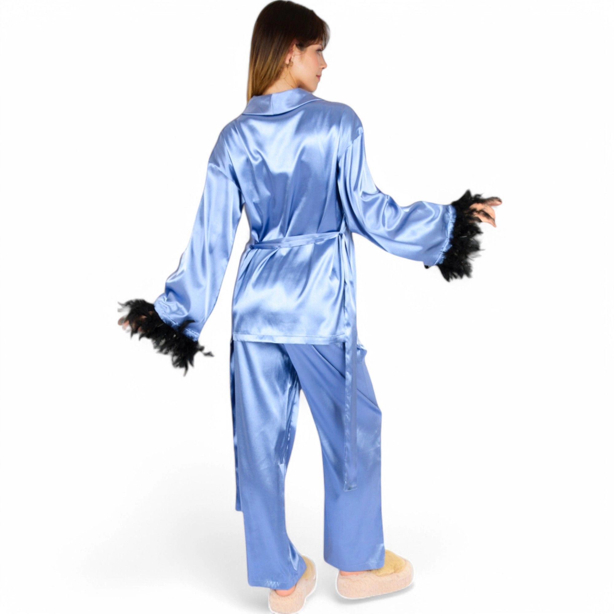 Anna-Kaci Women's Satin Feather Trim Button Up Lounge Set with Wide Leg Pants