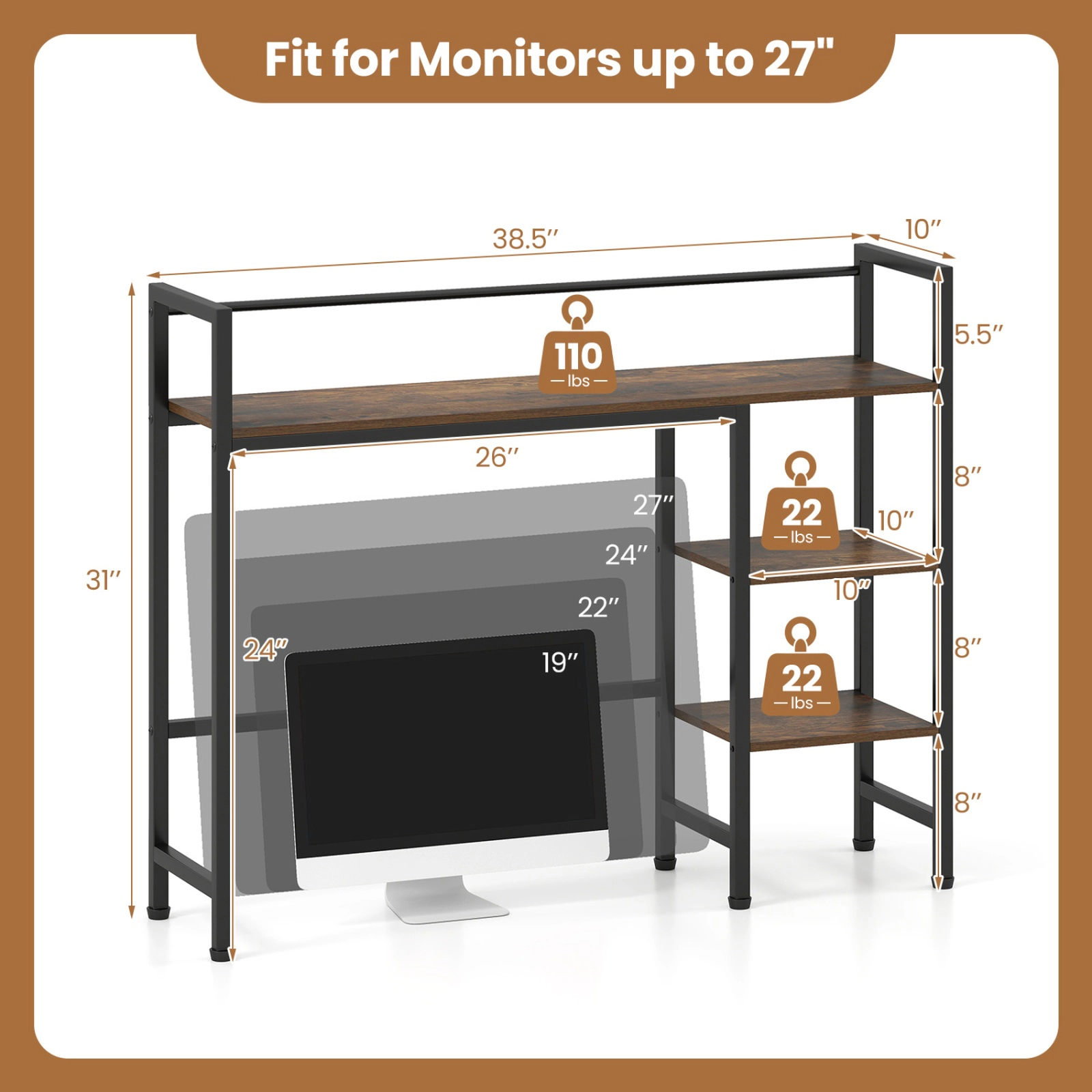 SUGIFT 38.5-in Desktop Bookshelf Monitor Hutch with Reversible Side Rack and 110-lb Top for Home Office