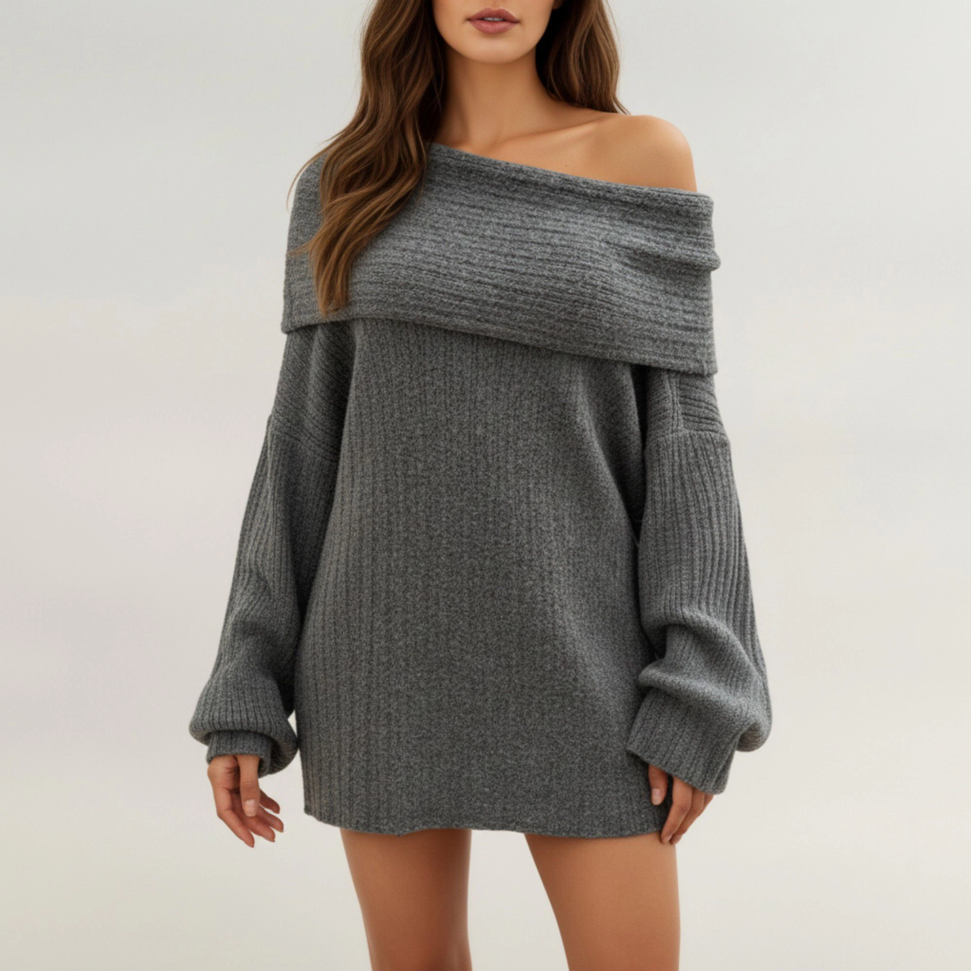 Anna-Kaci Women's Off-Shoulder Ribbed Knit Sweater Top with Foldover Neckline and Soft Relaxed Fit