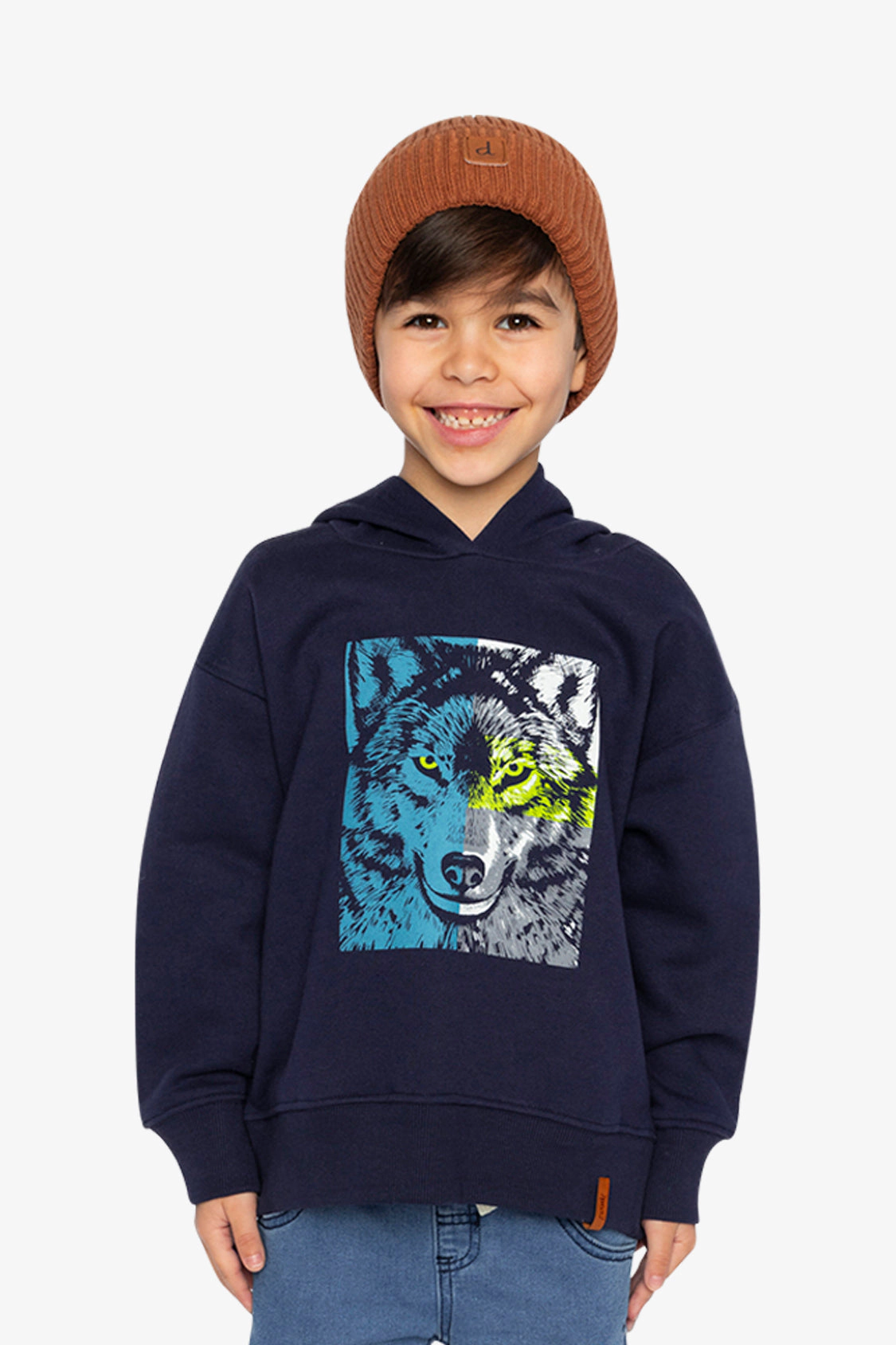 Deux par Boys Fleece Hooded Sweatshirt with Wolf Graphic