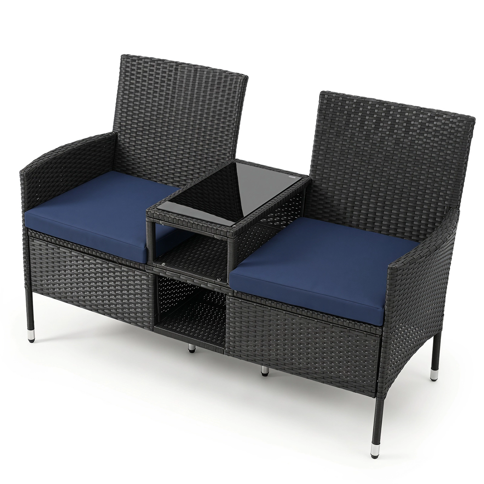 SUGIFT Navy Outdoor Wicker Loveseat with Built-In Glass Table and 2 Shelves