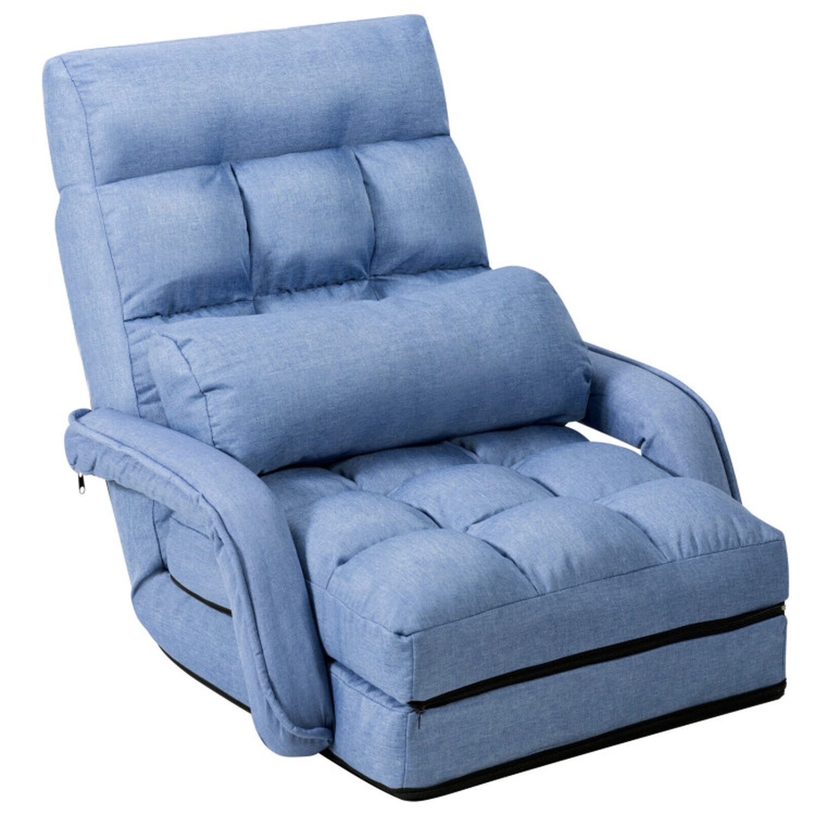 SUGIFT 6-Position Adjustable Blue Folding Floor Chair Sofa with Armrests Lumbar Pillow and Removable Cushion