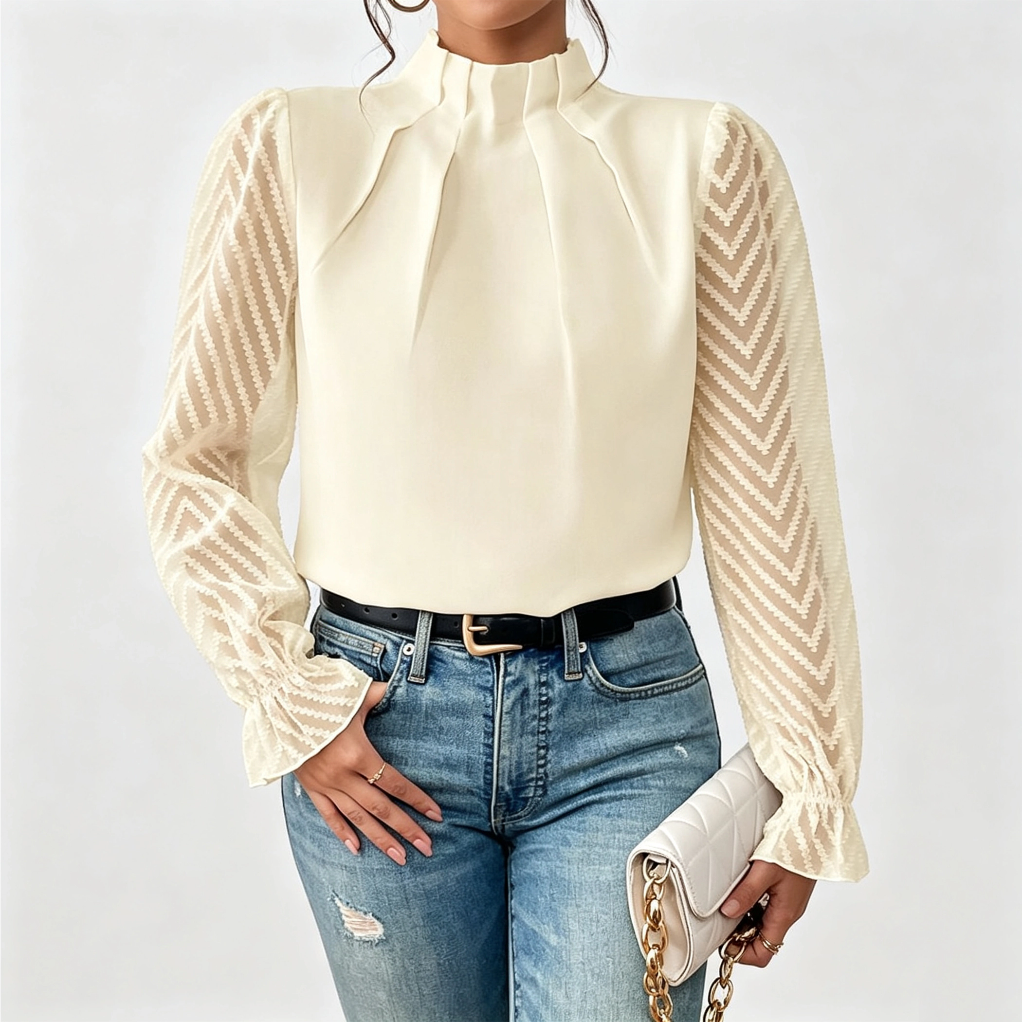 YesFashion Women's Chiffon Blouse Ruffle Mock Neck Lace Sheer Puff Long Sleeve Work Office Top
