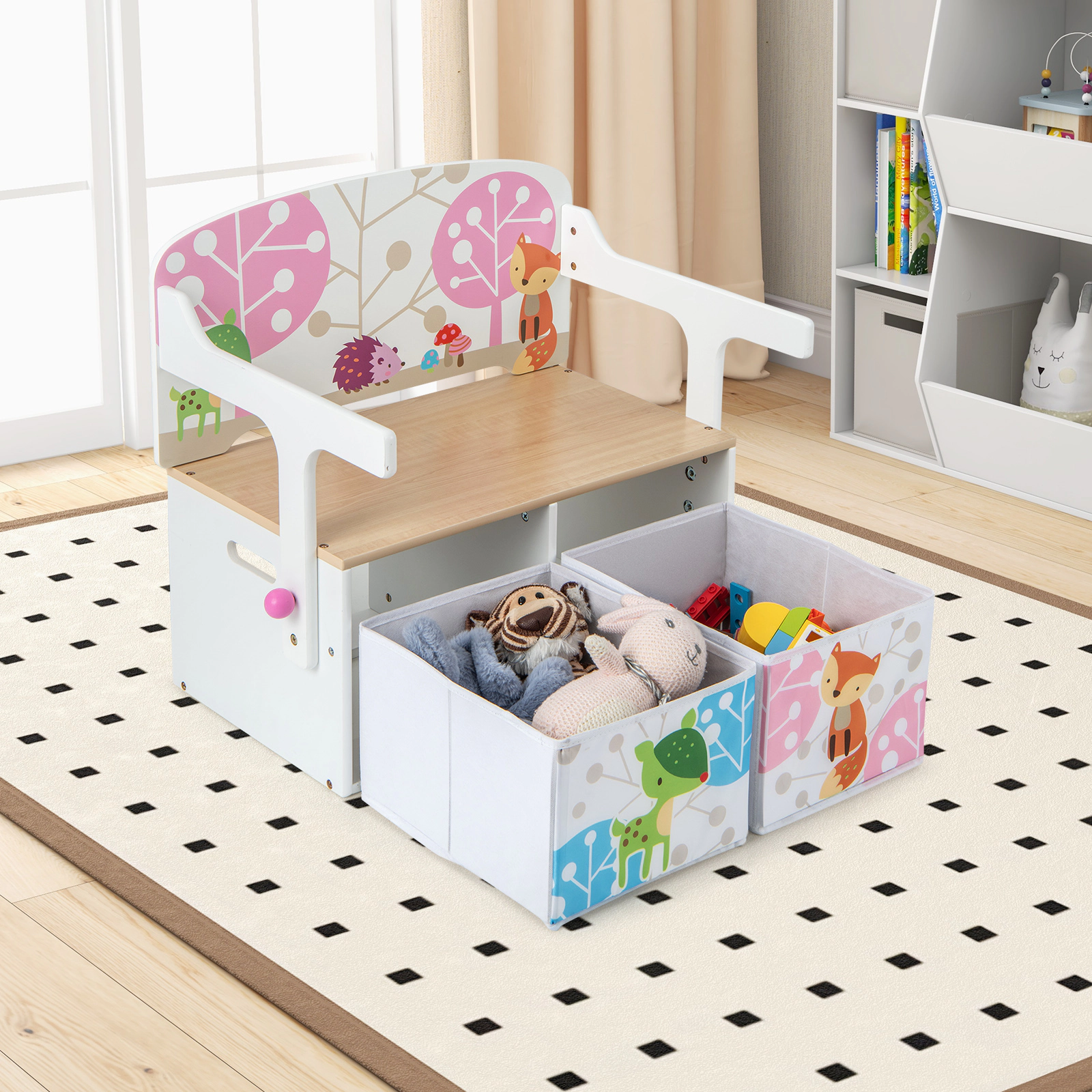SUGIFT 3-in-1 Kids Convertible Storage Bench, White, Table and Chair Set, 2 Fabric Bins