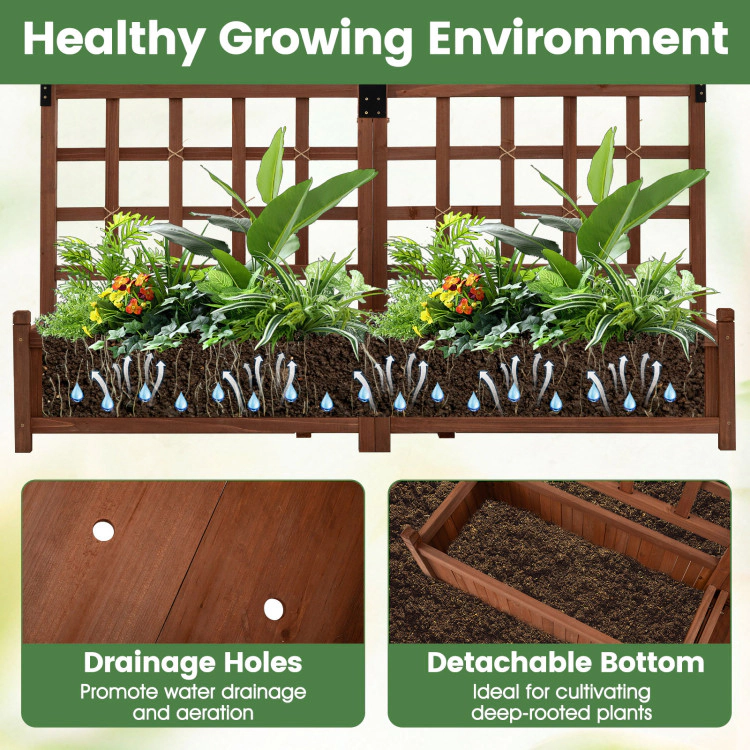 Hivvago Outdoor Dual Wooden Raised Garden Bed with Trellis and Drainage Holes