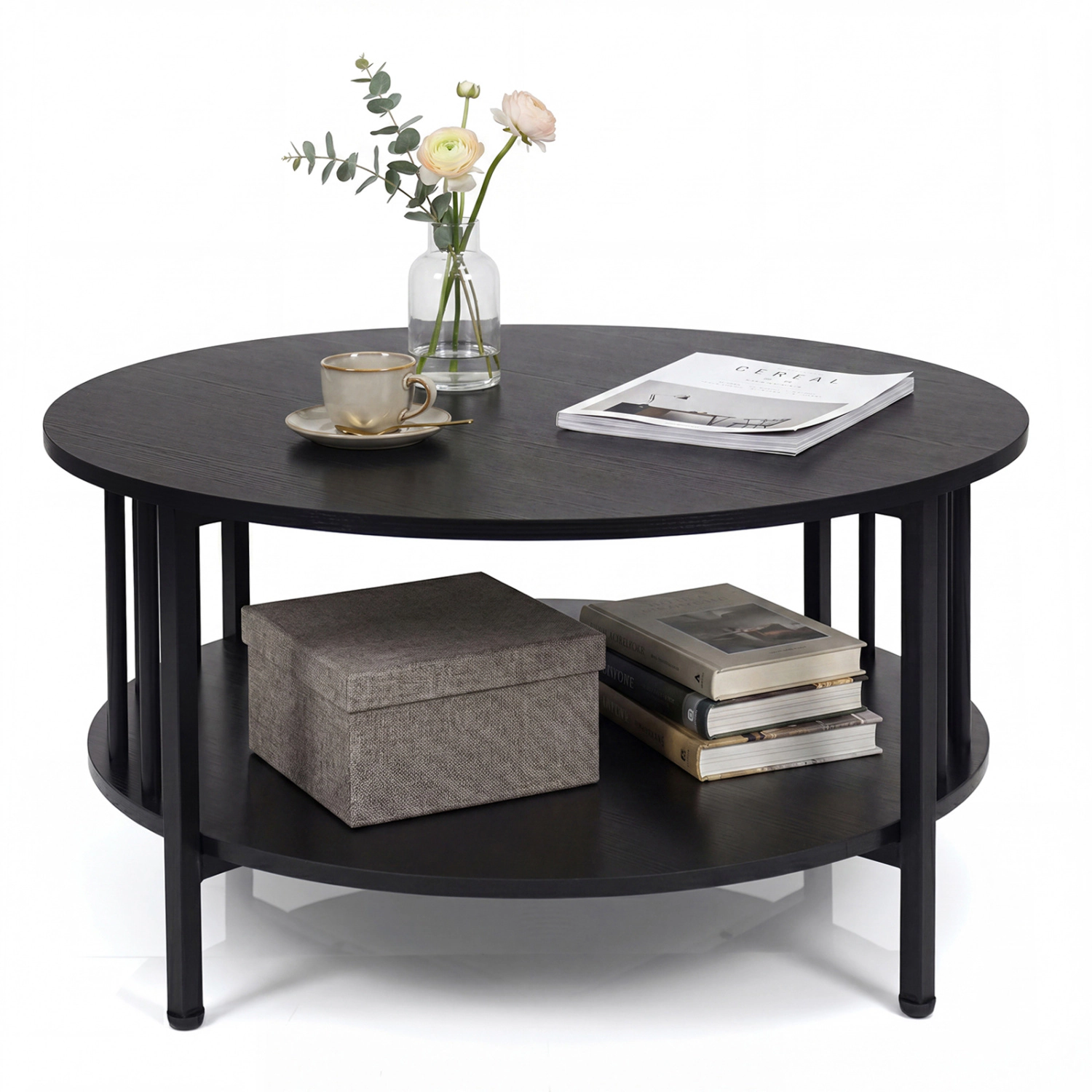 Glintex 2-Tier 32.5-Inch Round Coffee Table with Picket Metal Shelf Rails