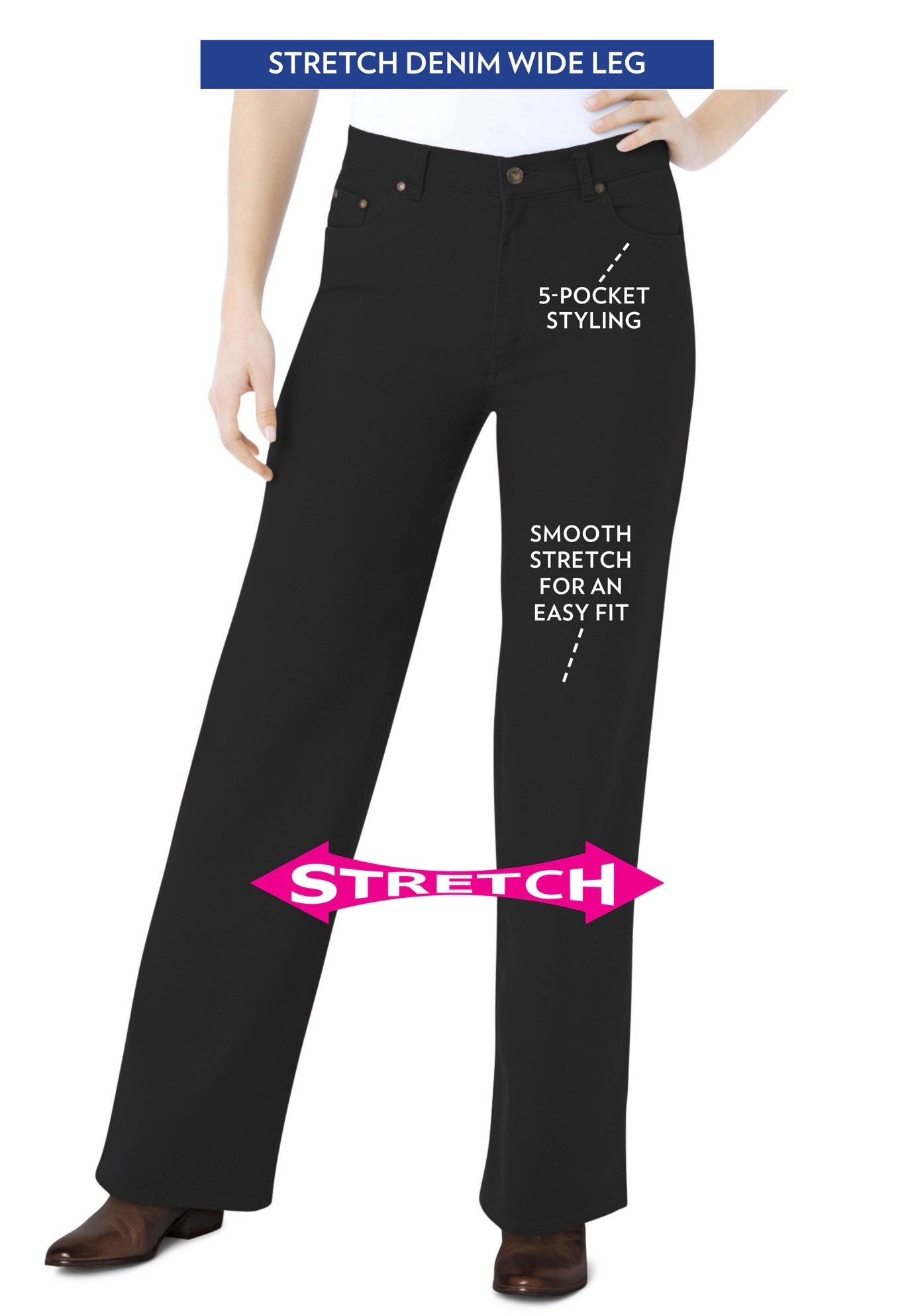 Woman Within Plus Stretch Denim Wide-Leg Five-Pocket Jeans