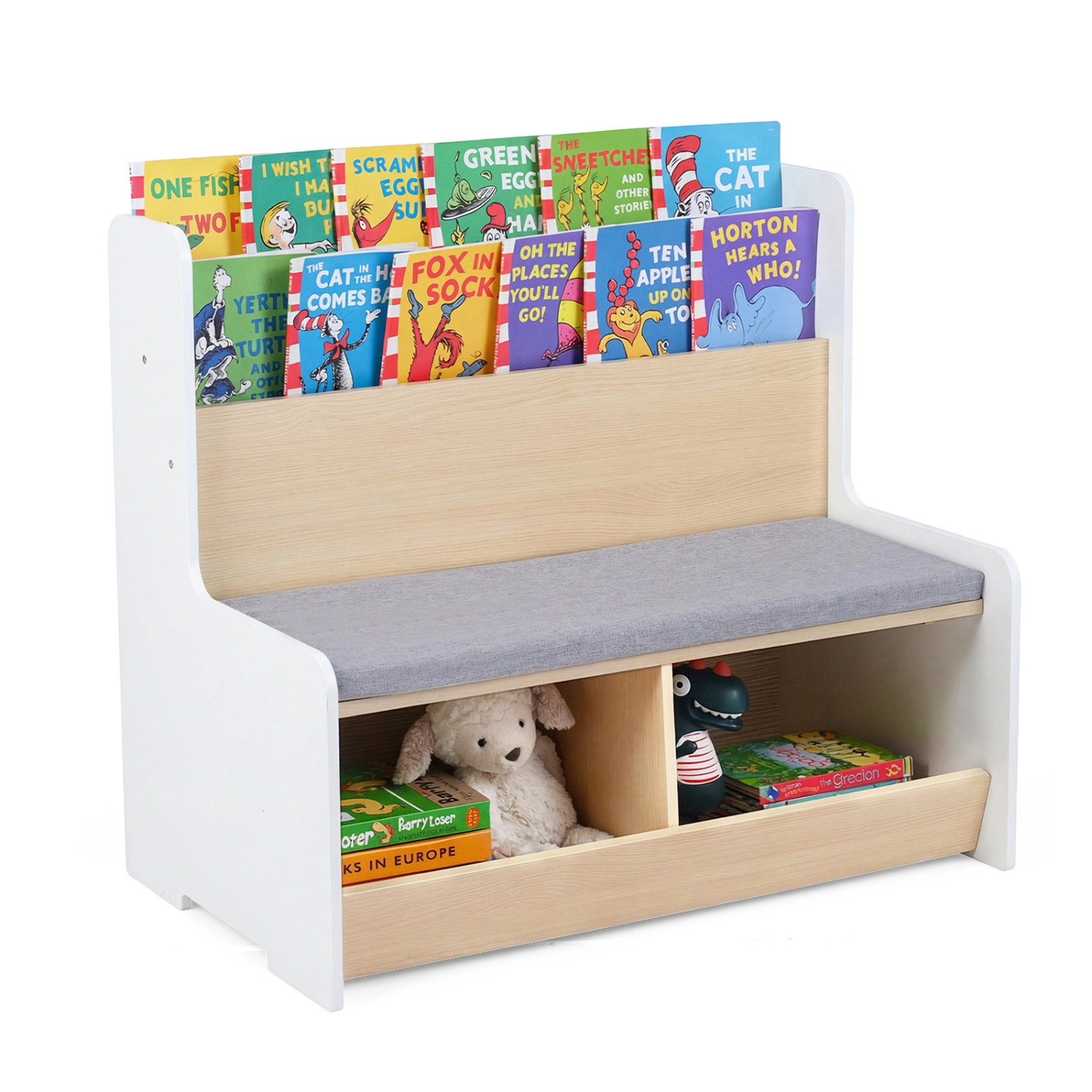 SUGIFT White Frog 3-in-1 Kids Bookshelf Bench with 2 Cubbies and Detachable Cushion