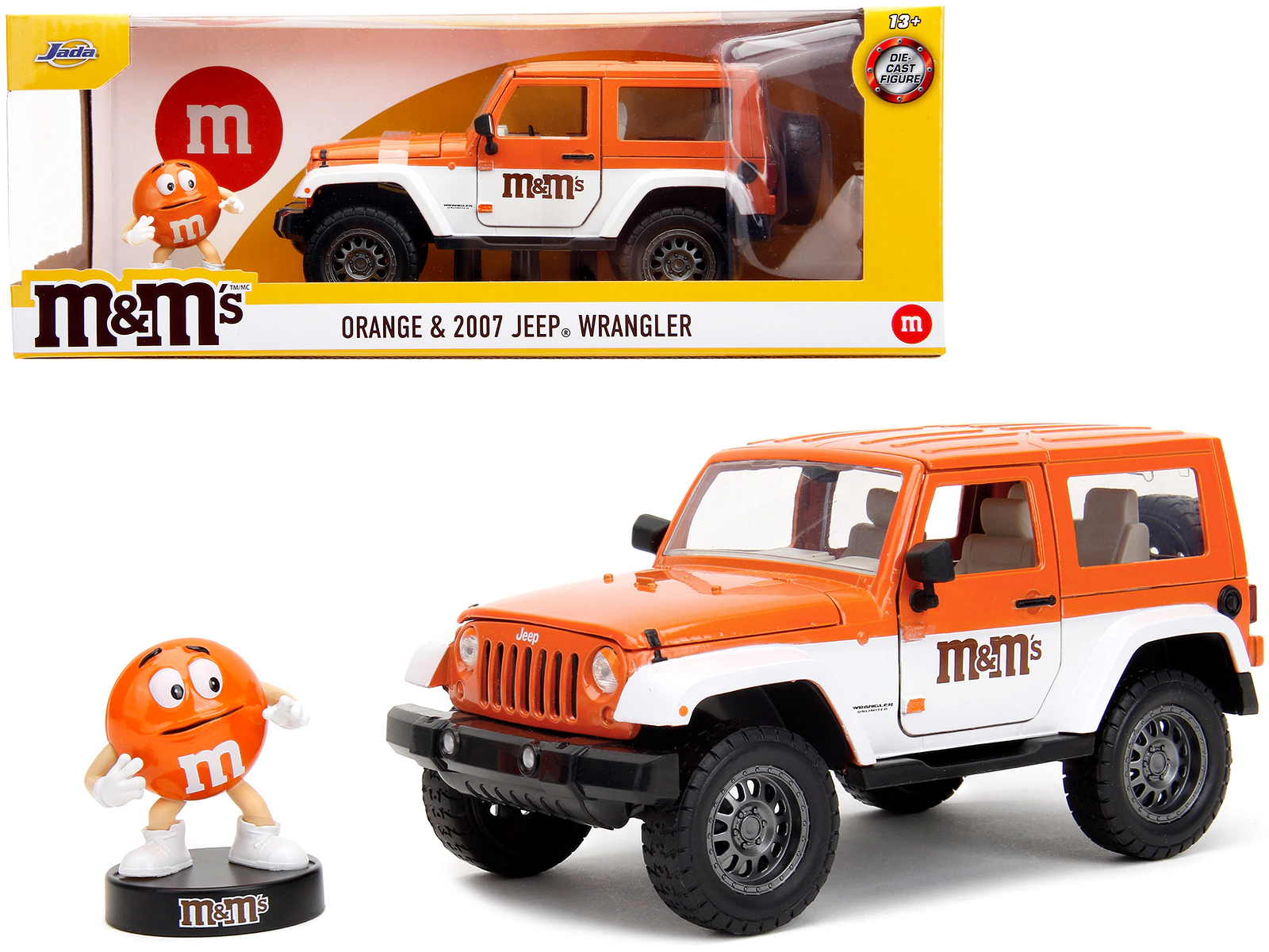 Jada 2007 Jeep Wrangler Orange Metallic and White and Orange M&M Diecast Figure "M&M's" "Hollywood Rides"
