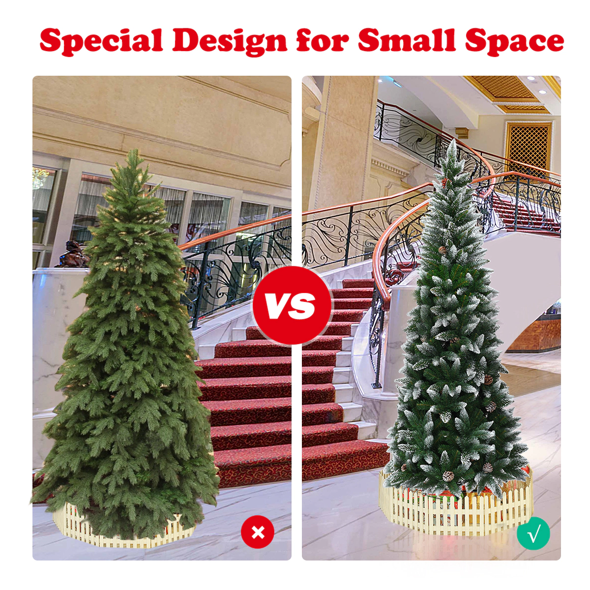 Costway 6ft Snow Flocked Unlit Pencil Christmas Tree Hinged Pine Cones