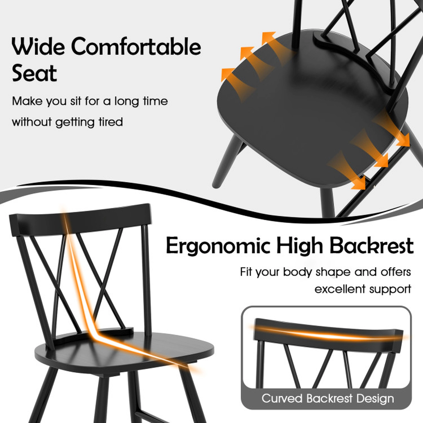 SUGIFT Black Farmhouse Cross Back Rubber Wood Frame Set of 2 Kitchen Dining Chairs