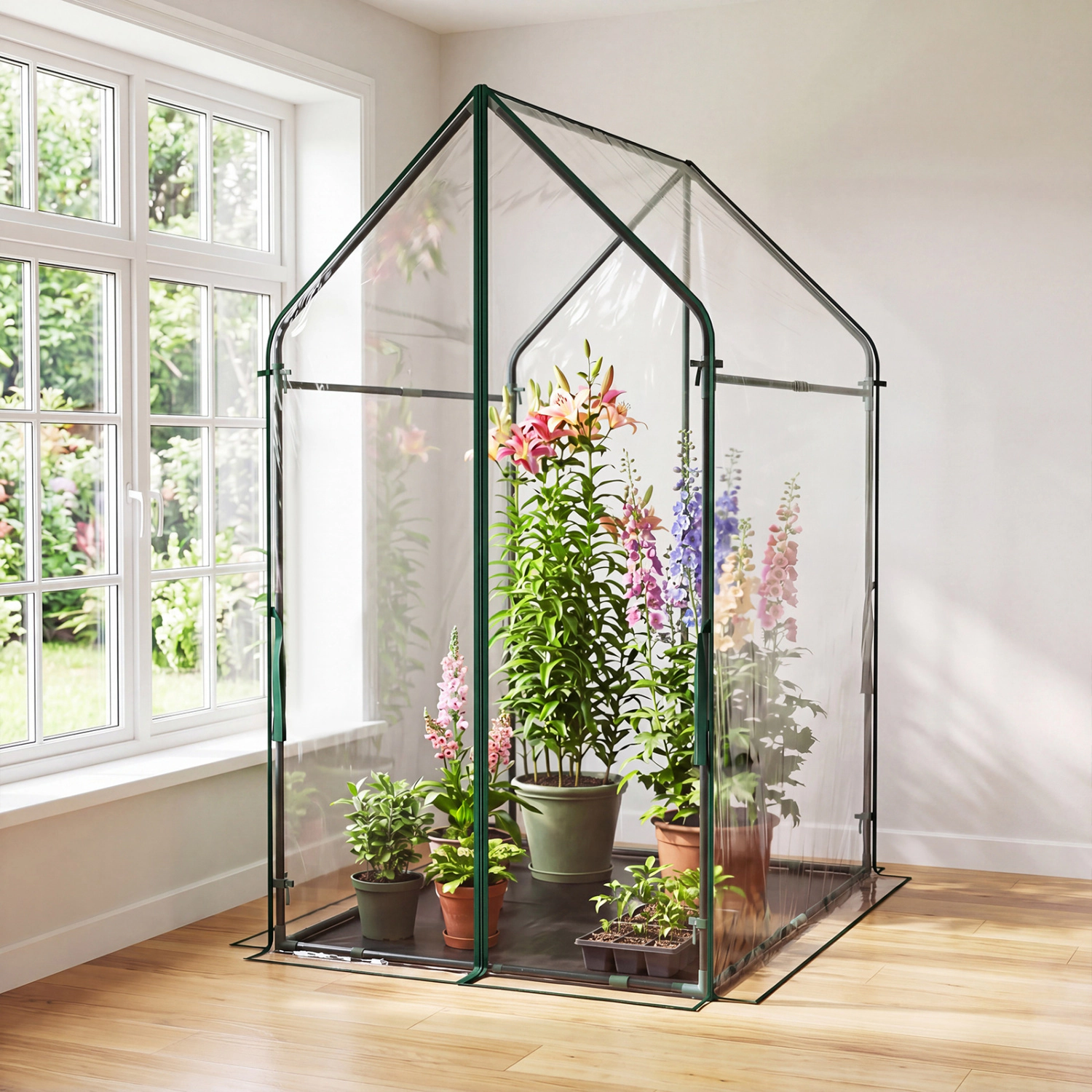 LJG Mini Green House Metal Frame with Waterproof Bottom Mat and Wind Ropes