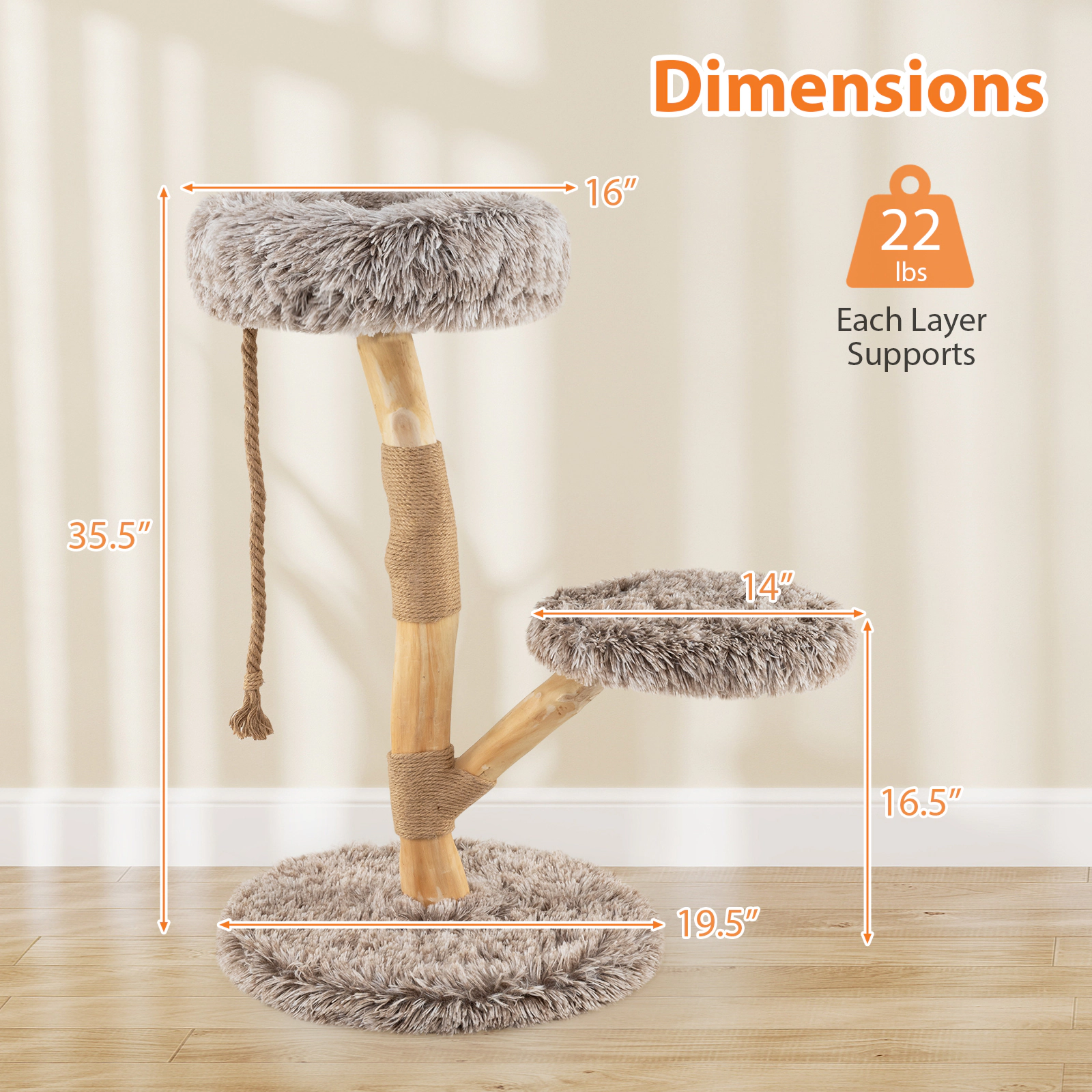 SUGIFT 35.5-in Tall 3-Tier Cat Tree Tower with 19.5-in Round Base Jute Rope Columns and Removable Cushions