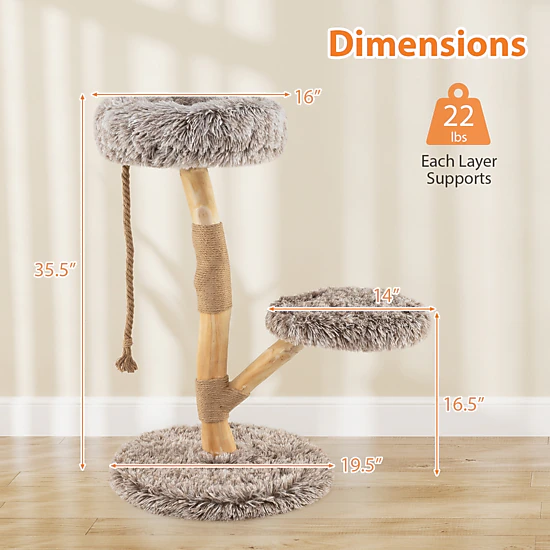 SUGIFT 35.5-in Tall 3-Tier Cat Tree Tower with 19.5-in Round Base Jute Rope Columns and Removable Cushions