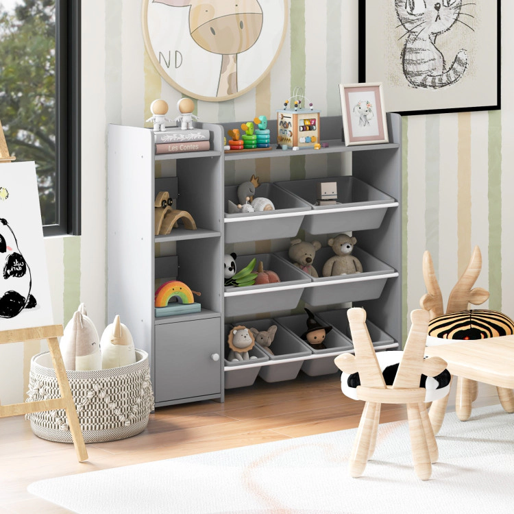 Hivvago 4-Tier Kids Bookshelf and Toy Storage Rack with 8 Toy Organizer Bins-Grey