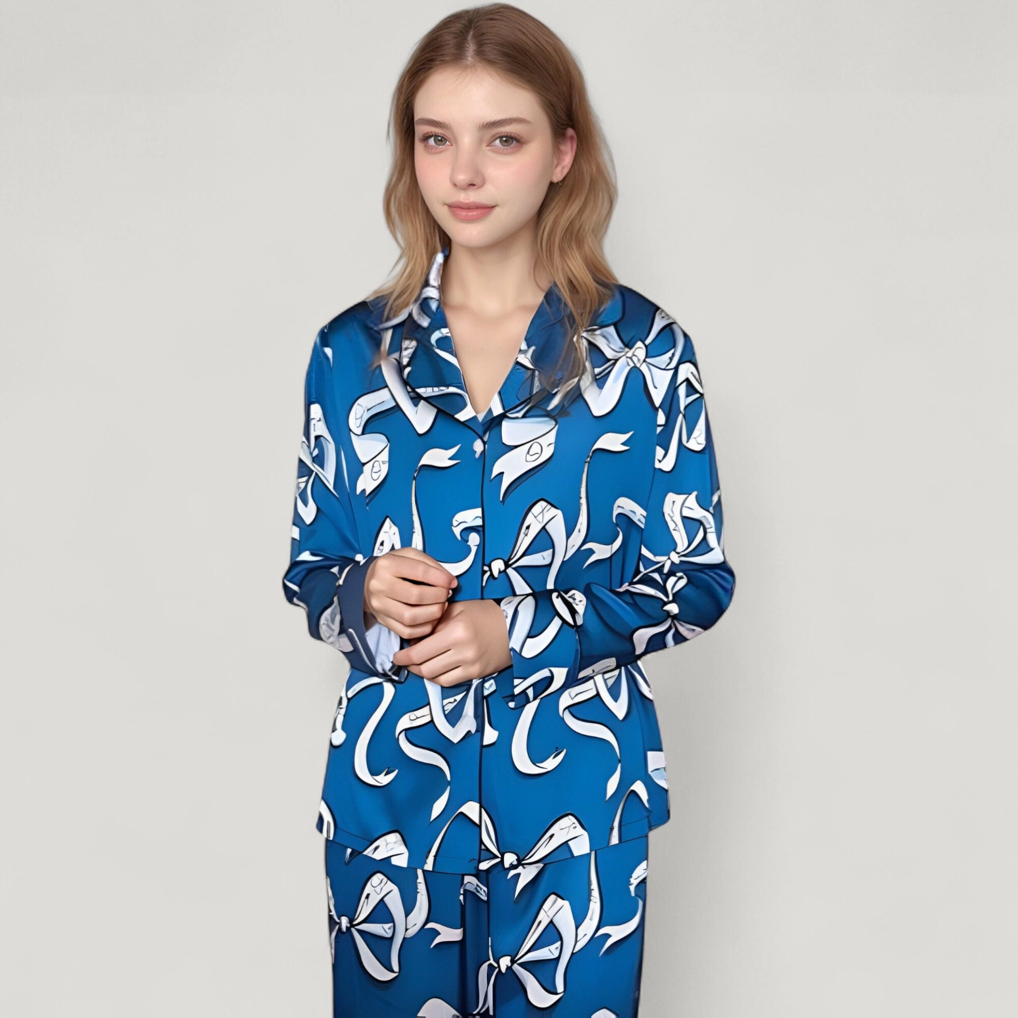 Anna-Kaci Women's Eel Print Pajama Set with Button Down Long Sleeve Top and Relaxed Fit Wide Leg Woven Pants