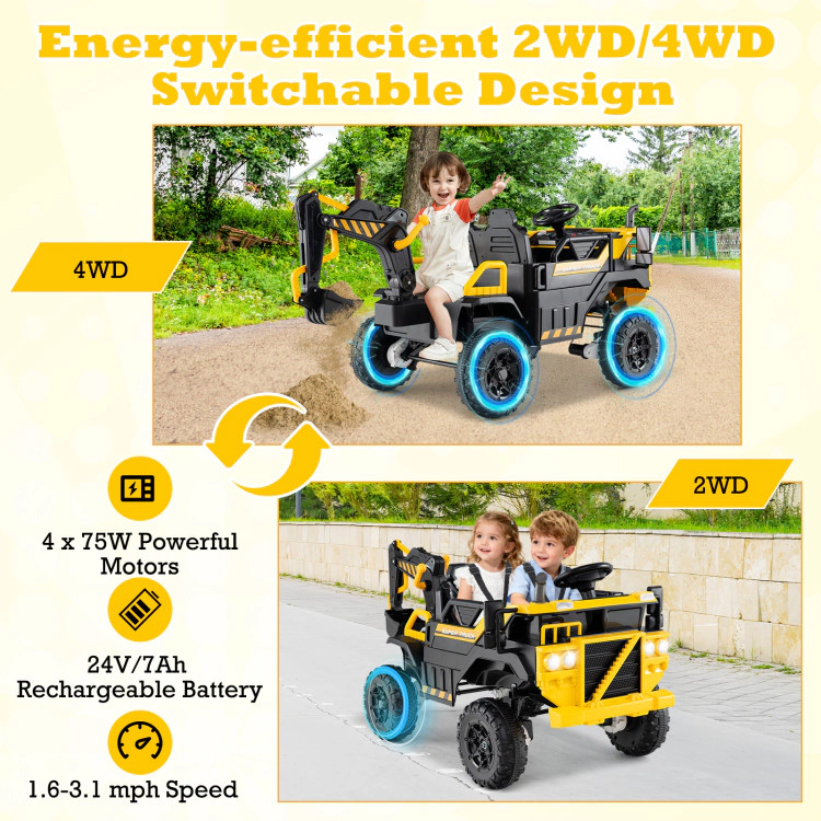 Hivvago 24V Ride On Excavator 4WD 2-Seater with Remote Control and Digging Arm