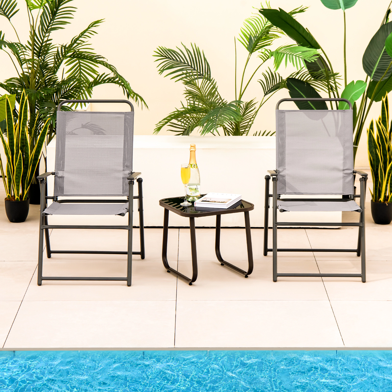 LJG Outdoor Folding Sling Chairs Set of 4 with Armrest and Backrest