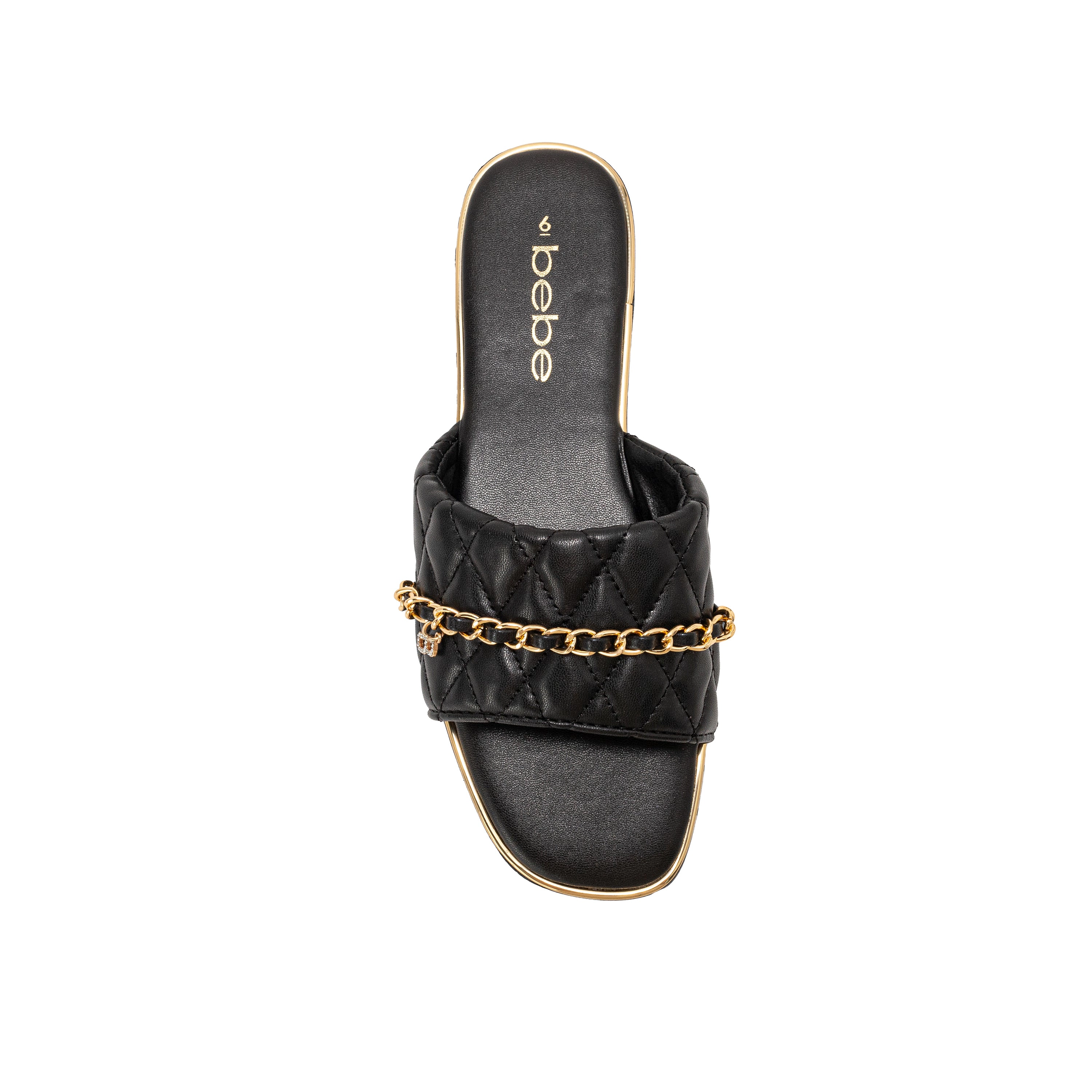 bebe Women's Quilted Slide Sandals with Chain Detail Slip On Flats