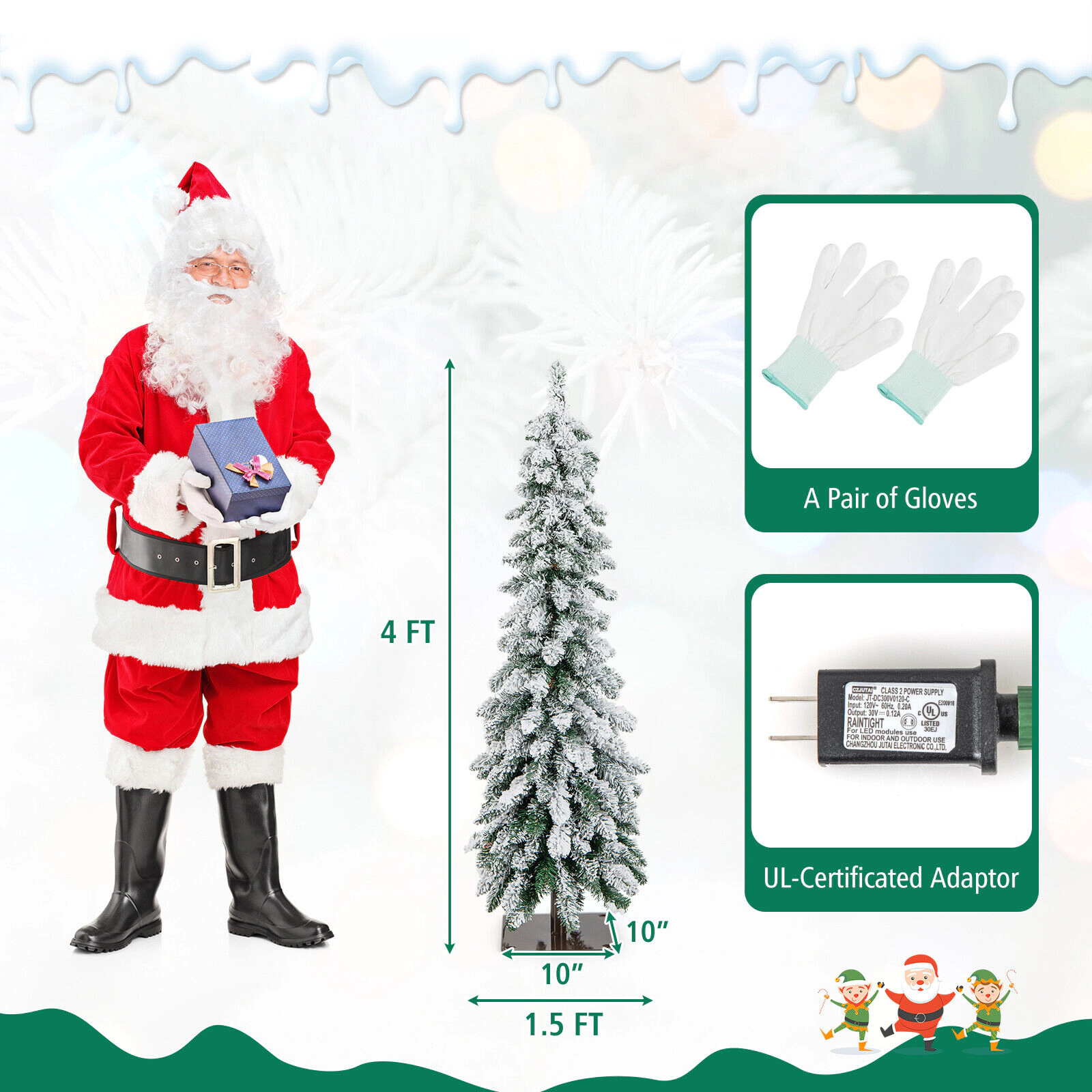 LJG Pre-Lit Artificial Christmas Tree Snow-Flocked Slim Pencil Xmas Decor