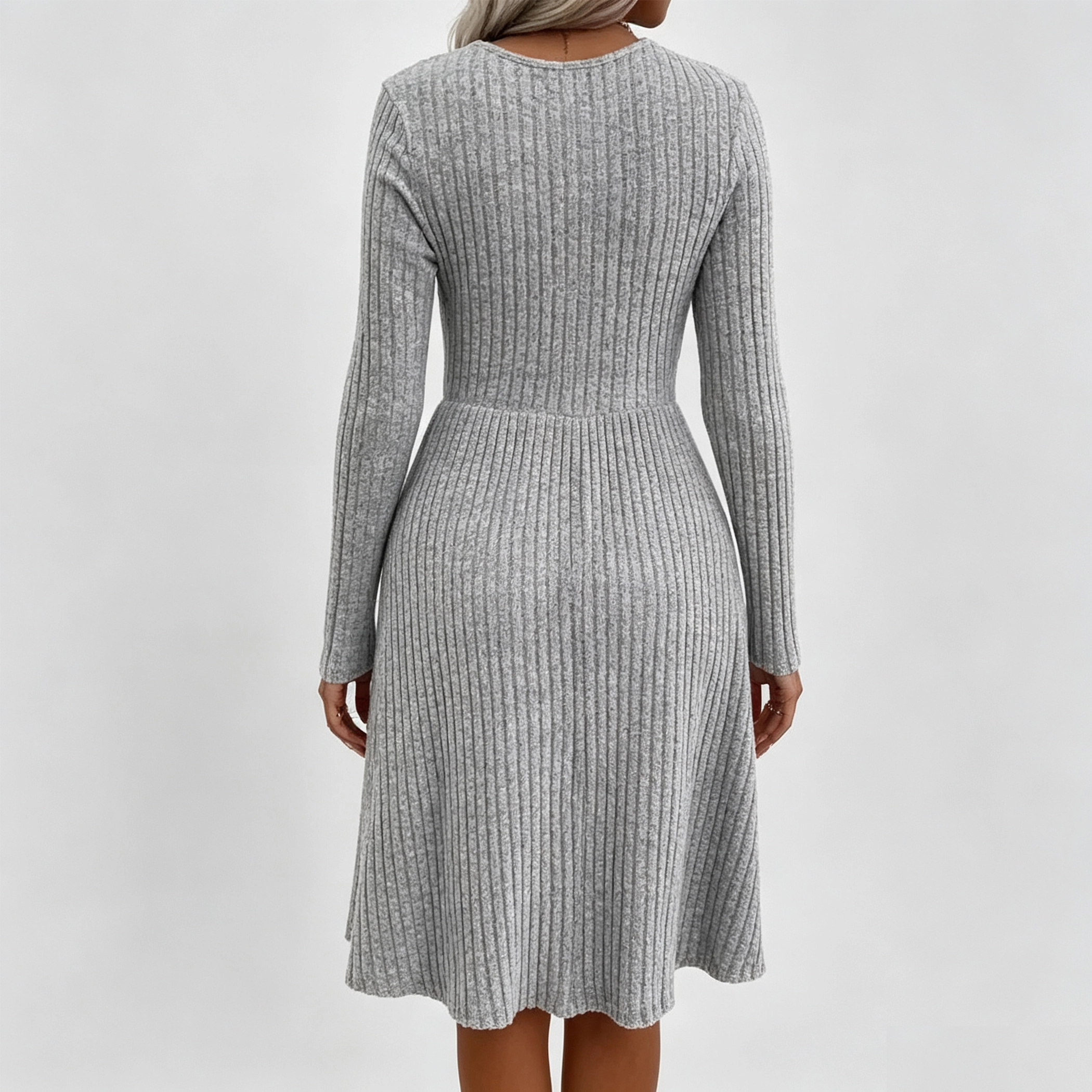 YesFashion Womens V Neck Long Sleeve Sweater Dress Casual Fall Ribbed Knit A Line Midi Dress
