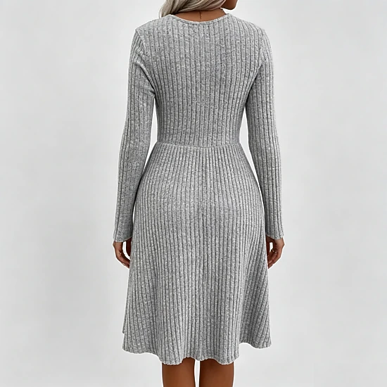 YesFashion Womens V Neck Long Sleeve Sweater Dress Casual Fall Ribbed Knit A Line Midi Dress