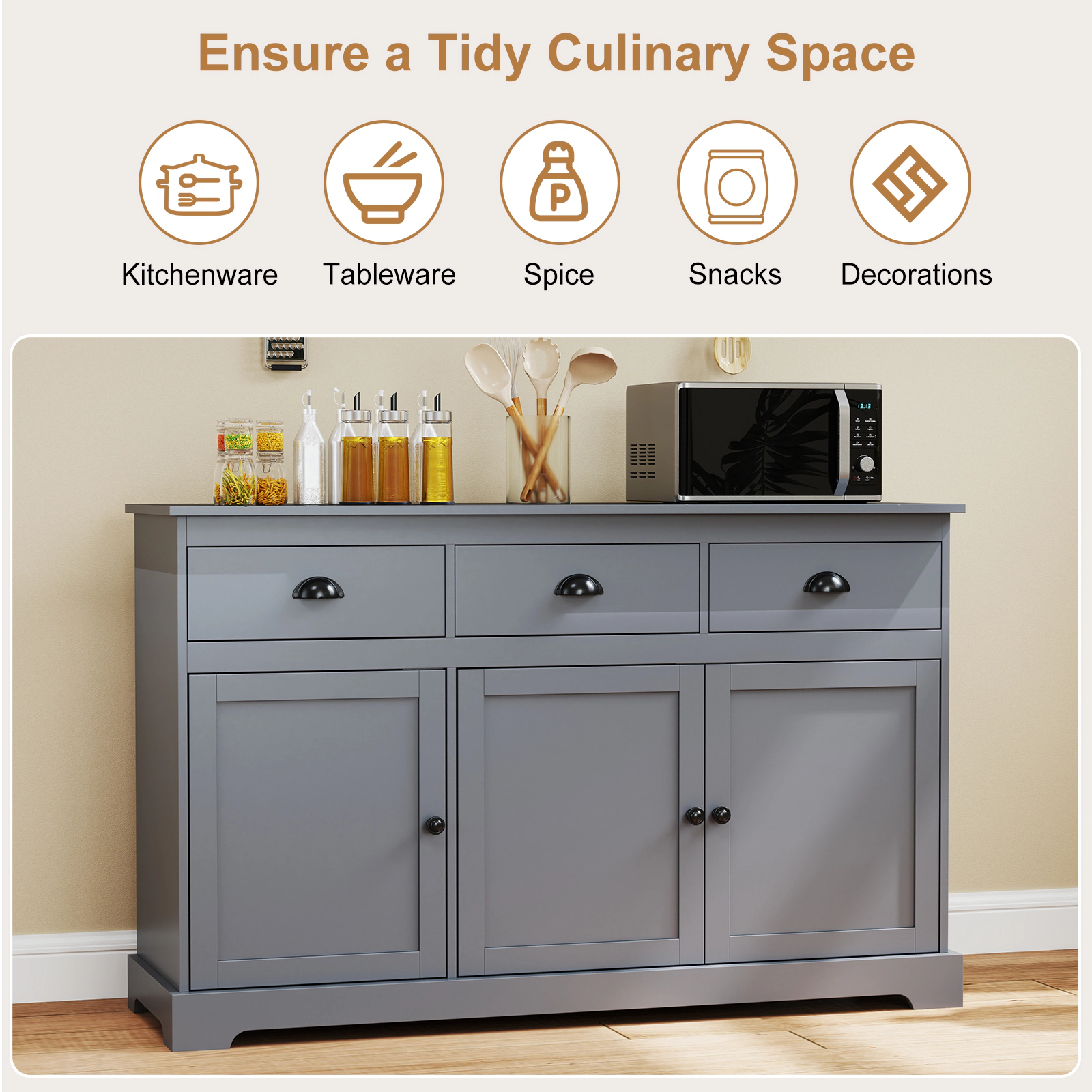 Glintex 53.5-Inch Sideboard with 3 Drawers and Adjustable Shelves