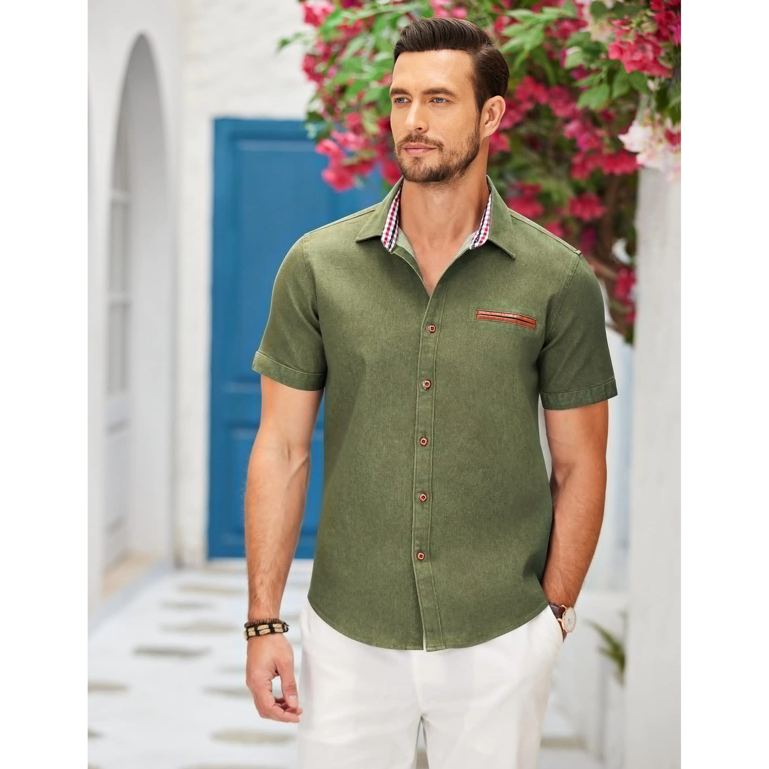 COOFANDY Mens  Short Sleeve Button Down Shirt Lapel Collar Plaid Casual Tops