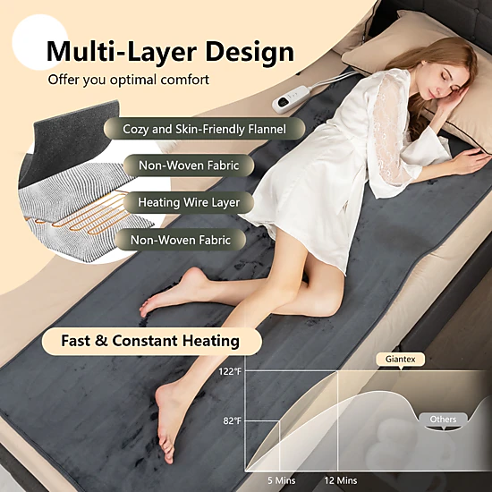 SUGIFT Twin Size 5 Heat Levels 8-Hour Auto Off Flannel Electric Heated Mattress Pad 71-in x 30-in 120V 71W Gray
