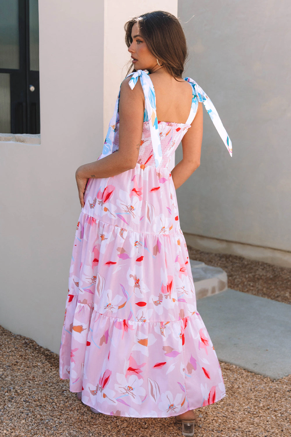Threaded Pear Women's Flora Floral Knotted Shoulder Smocked Maxi Dress