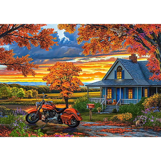 CASTORLAND 500 Piece Jigsaw Puzzles, Autumn Ride, Motorcycle and a sky ablaze with sunset colors, Americana, B-54077