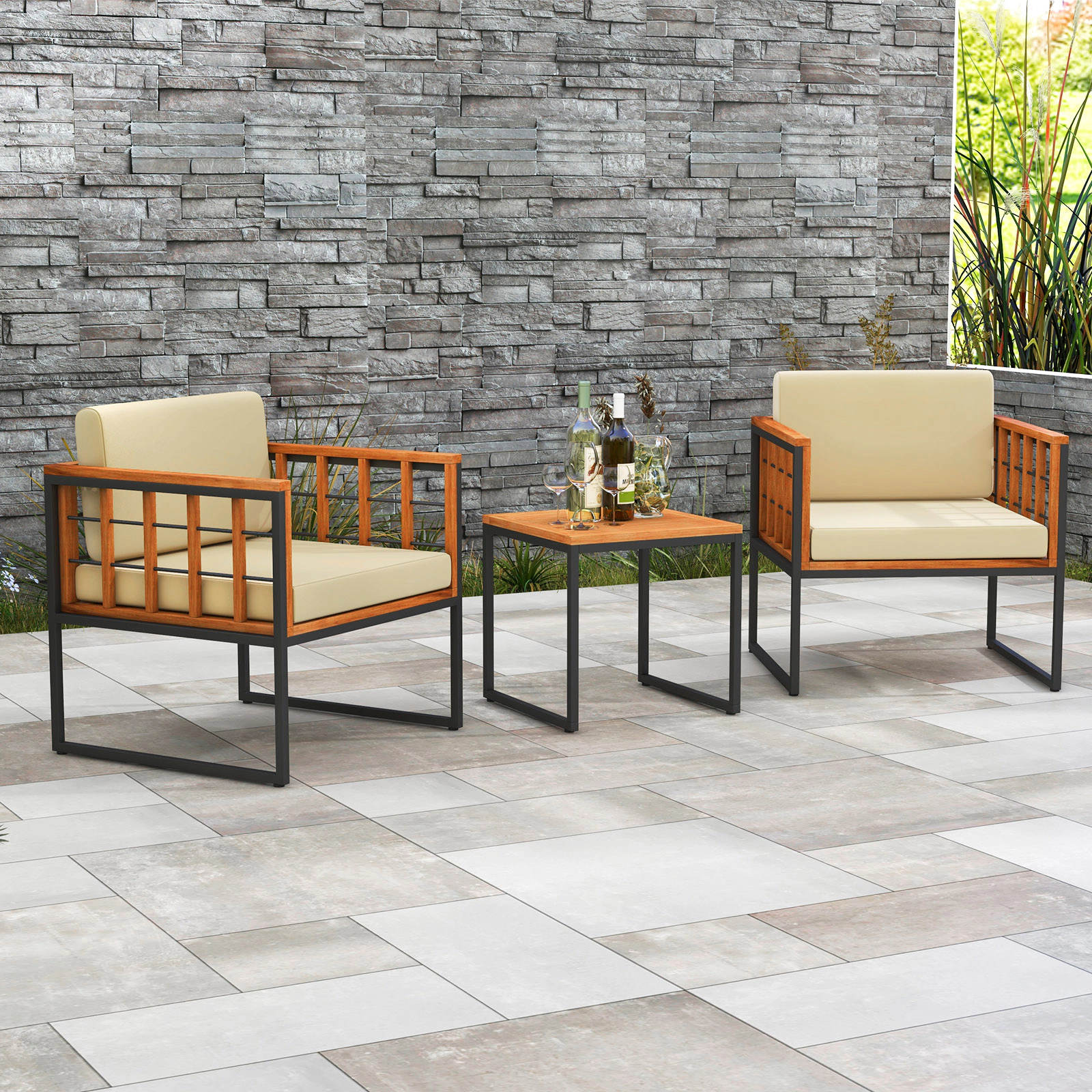 SUGIFT Beige Metal Frame and Soft Cushions 3-Piece Acacia Wood Patio Chair Set