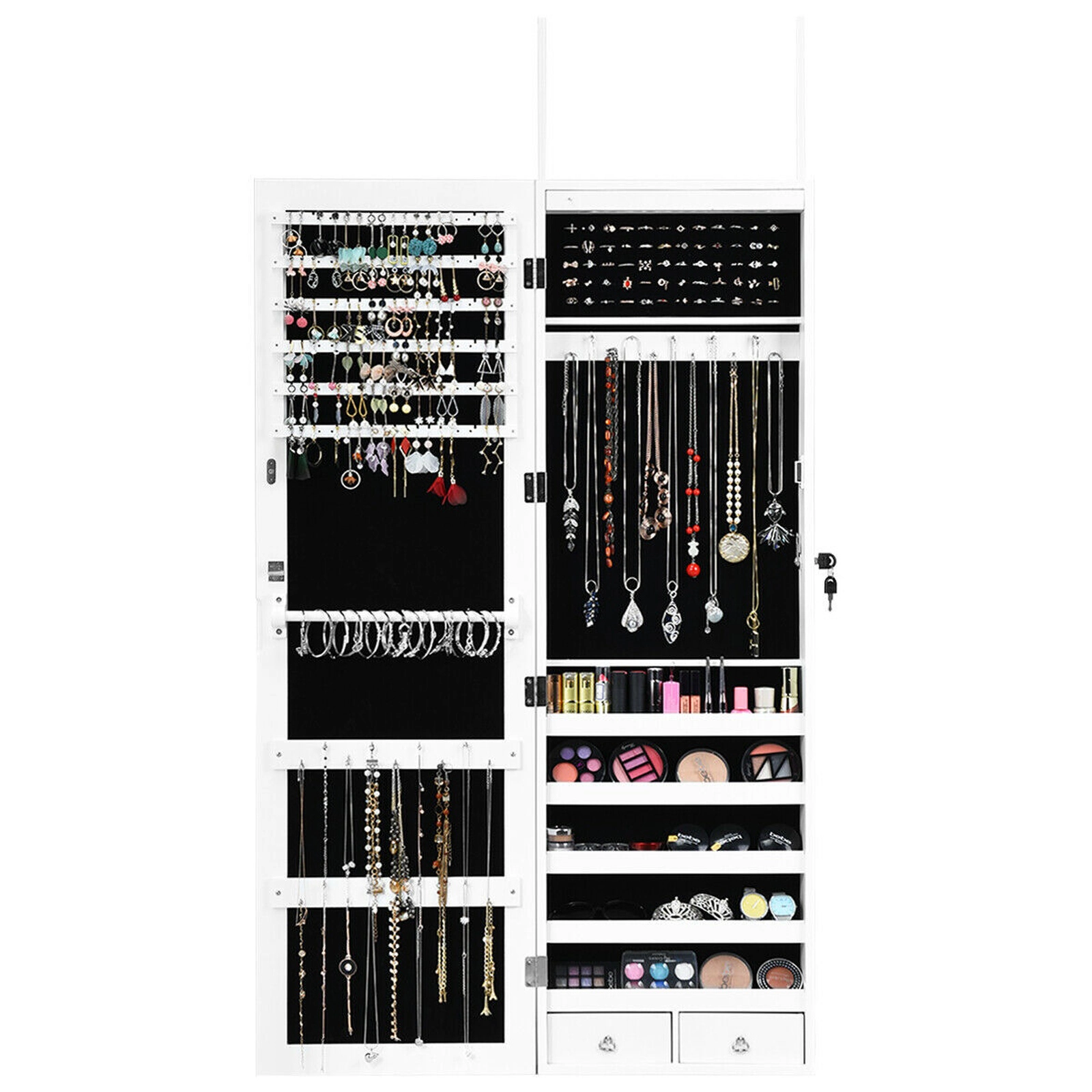 SUGIFT Wall Mounted Jewelry Cabinet White Lockable Mirror Armoire with 15 LED Lights and Velvet Lining