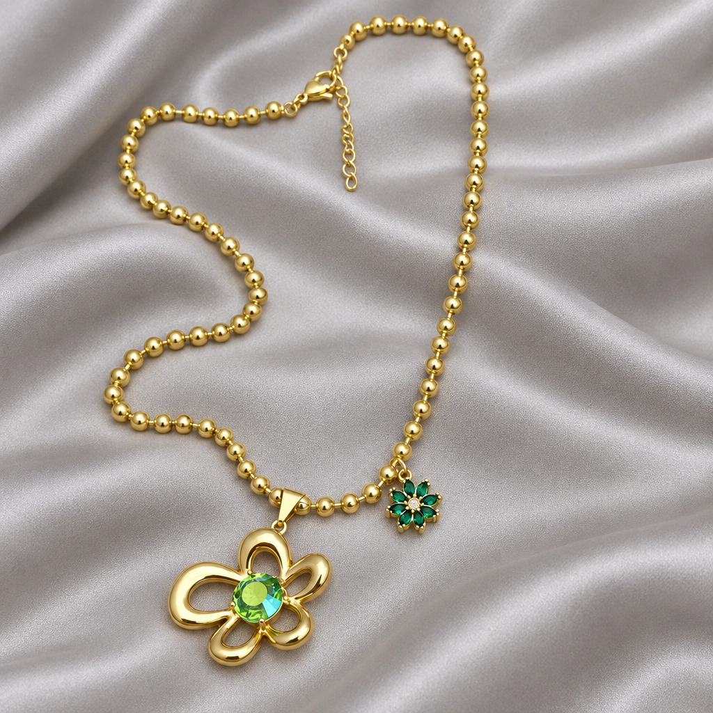 DressAtR Women’s Green Flower 18K Gold Plated Necklace